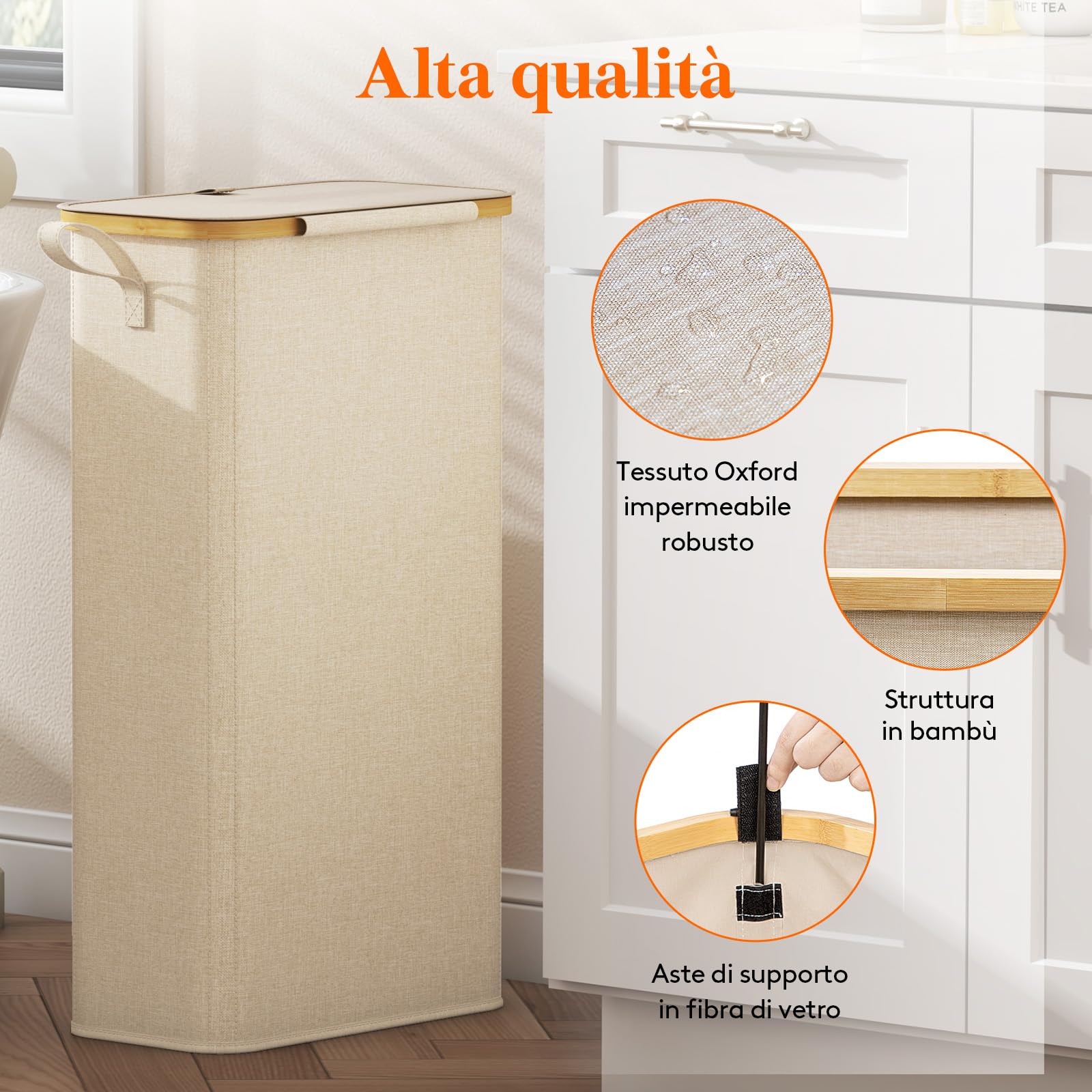 Lifewit Cesto Portabiancheria Salvaspazio, Cesta Biancheria Sporca con Coperchio, Porta Biancheria Sporca Slim per Bagno, Laundry Basket per Camera da Letto, Bagno, Lavanderia, 70 L, Beige