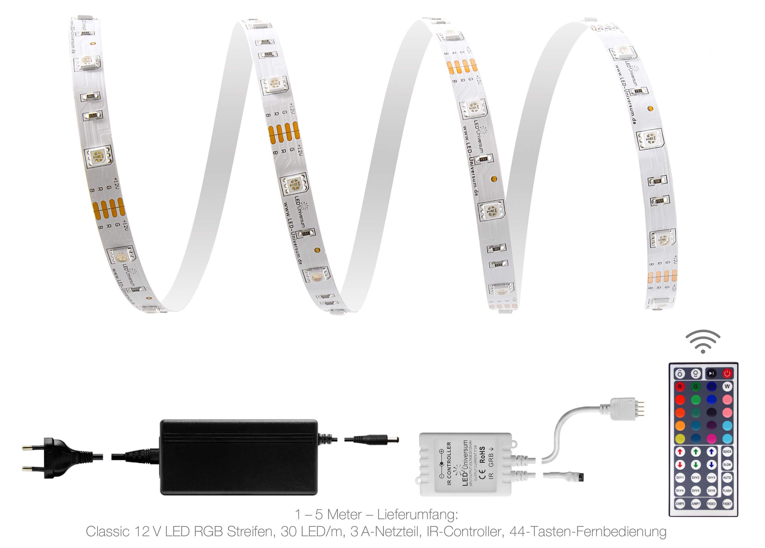 4 m RGB Tira LED Set (30 LED/M, IP20), incluye controlador, mando a distancia de 44 teclas y fuente de alimentación de 3 a