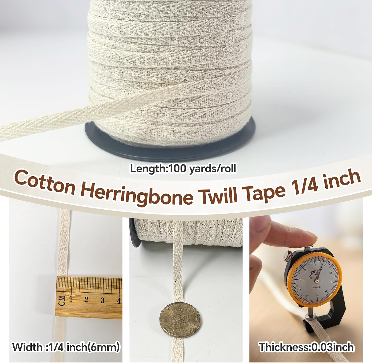 1/4 Inch Natural White Cotton Herringbone Webbing Tape - 100 Yards Bulk Roll for Gift Wrapping, Tags, Bias Binding, Sewing, Book Binding, Handles for DIY Crafts, Clothing & Packaging