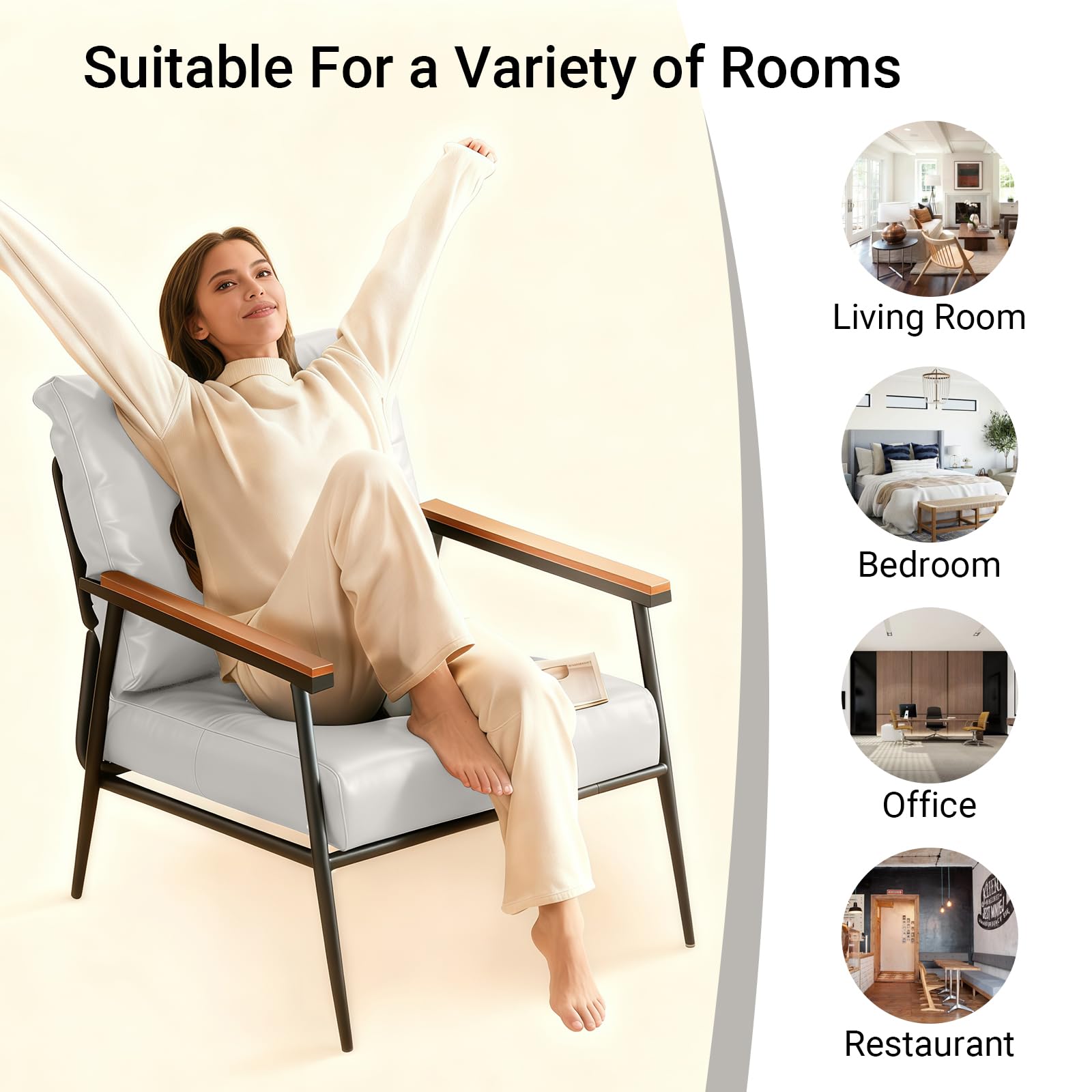 Silla decorativa, sillón de piel sintética con marco de metal, cómoda silla de lectura con cojines y reposabrazos de madera para sala de estar, dormitorio, comedor