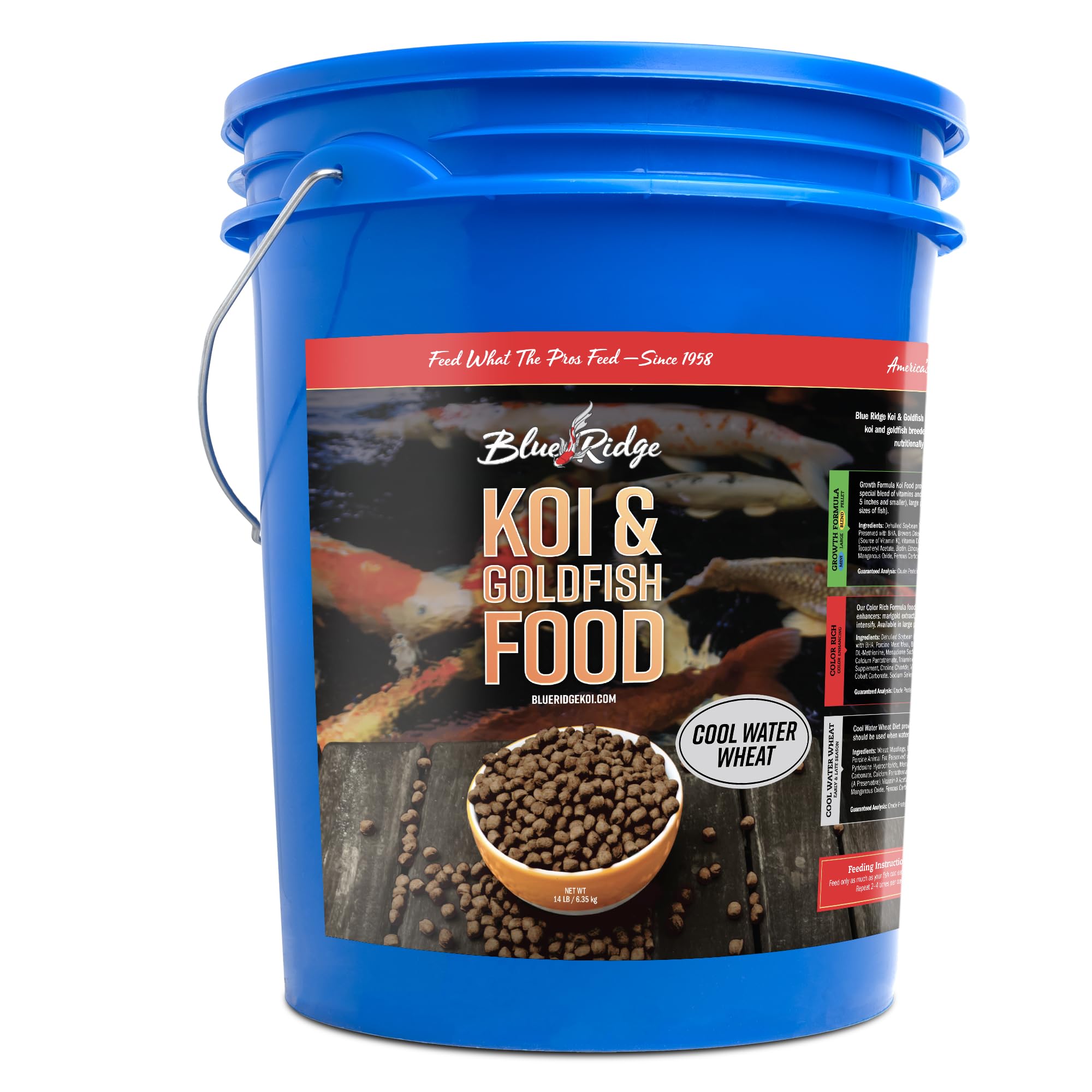 Blue Ridge Koi Fish Food 14lb Bucket - Cool Water Wheat 3/16", Fall and Winter Floating Pond Pellets, Ponds Fish Food