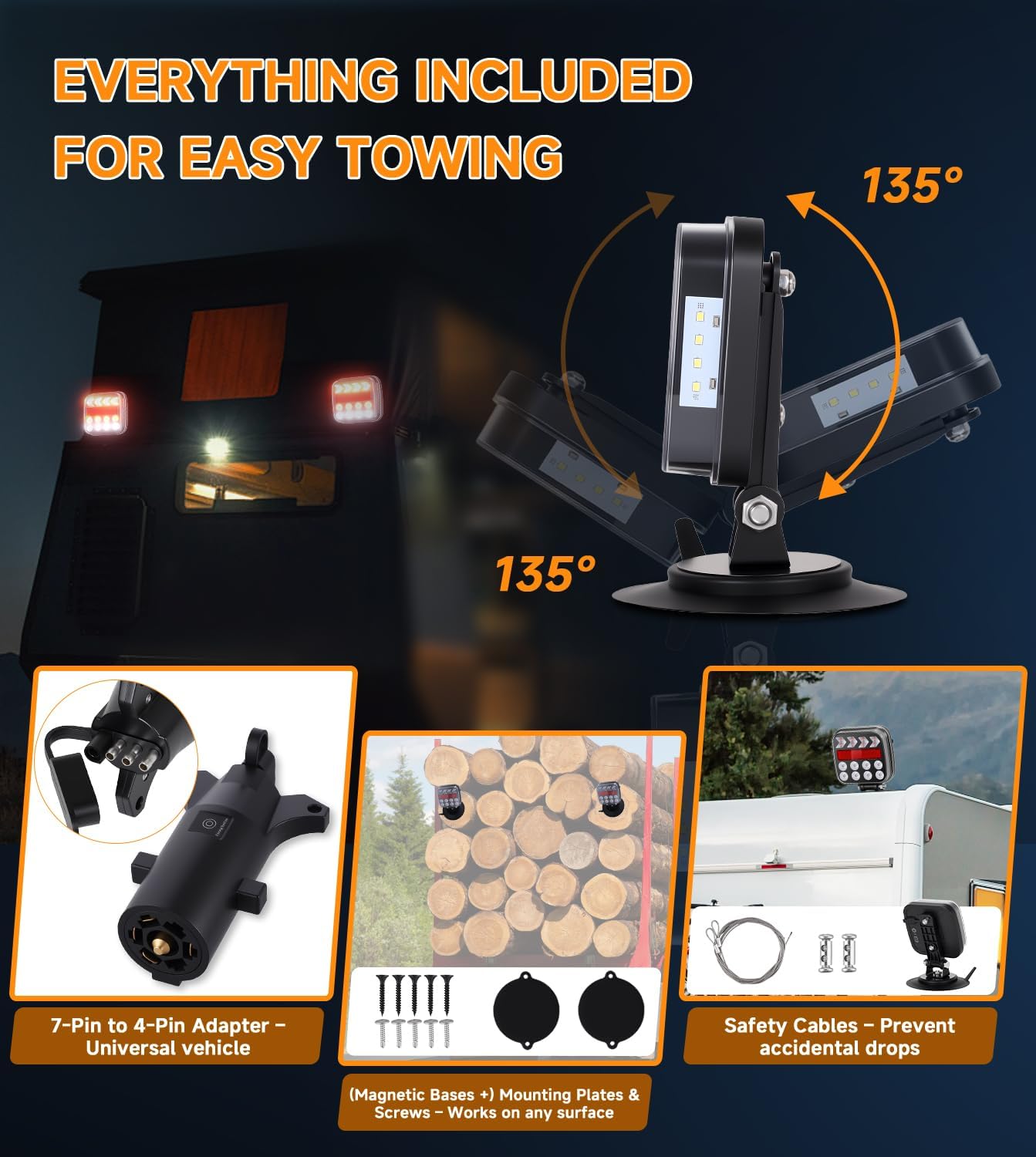 Wireless Trailer Lights Magnetic - Adjustable Magnetic Tow Light with 2 Mounting Options Rechargeable Towing Tail Light Kit Reverse Light for Trucks, Boat, RV, Vehicle, Caravan (SL-5046)