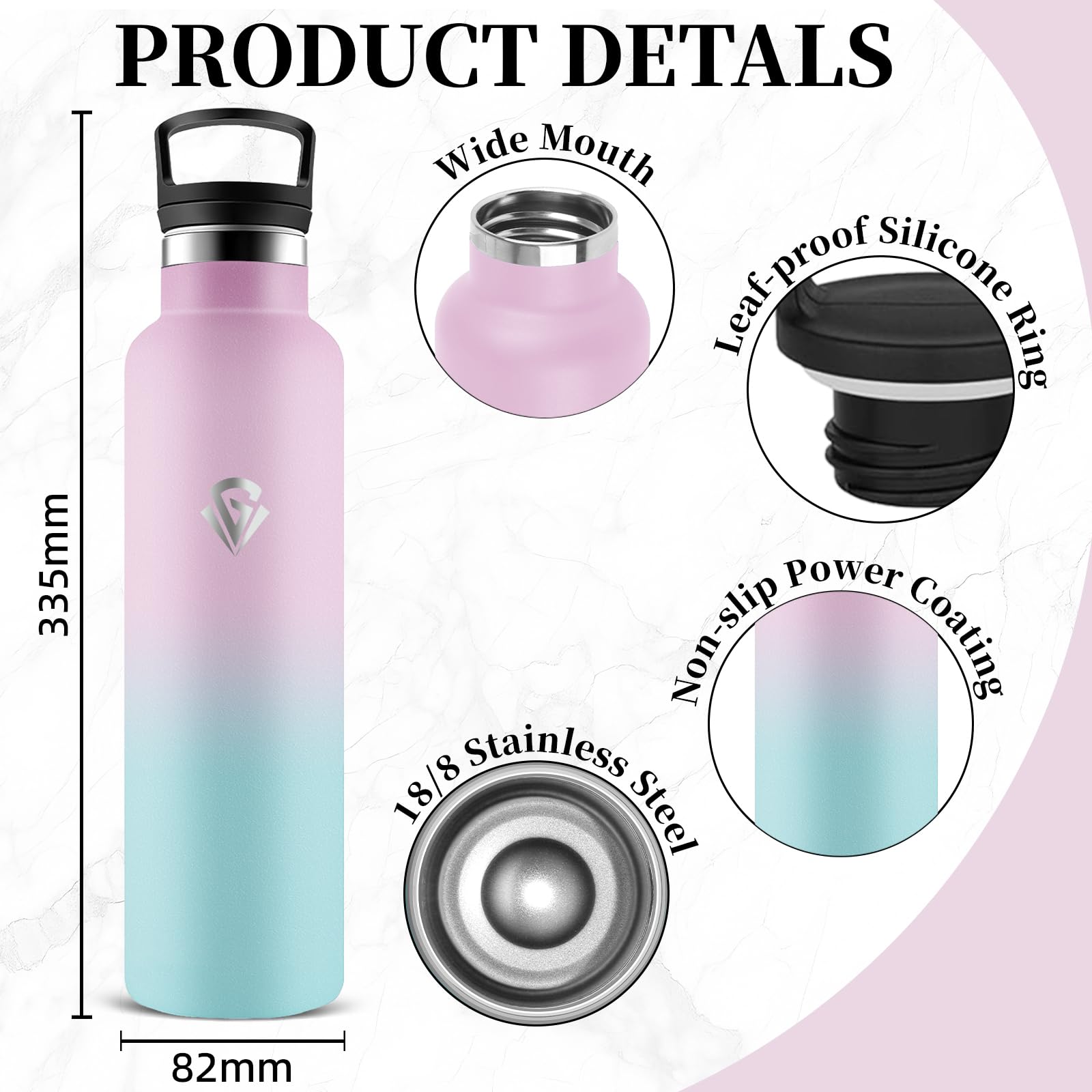 Mujigaga Borraccia Termica 1 litro, Borraccia Termica con Cannuccia, Senza Perdite Borracce Acciaio Inox Senza BPA, Bottiglia Termica per Viaggio, Campeggio, Trekking