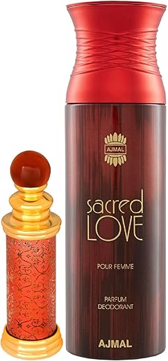 Ajmal Classic Oud Concentrated Perfume Oil Woody Oudh Alcohol-free Attar 10ml for Unisex and Sacred Love Deodorant Floral Musky Fragrance 200ml for Women