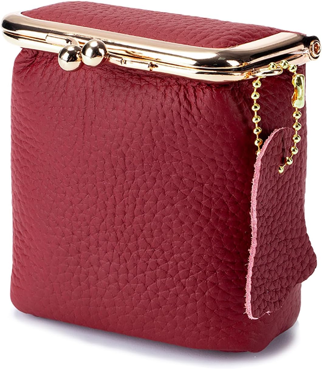 Genuine Litchi Leather Coin Purse for Women, Portable Vintage Wallet with Kiss Lock Mini Lipstick Holder Fashion Solid Color Key Storage Square Pouch (Wine red)