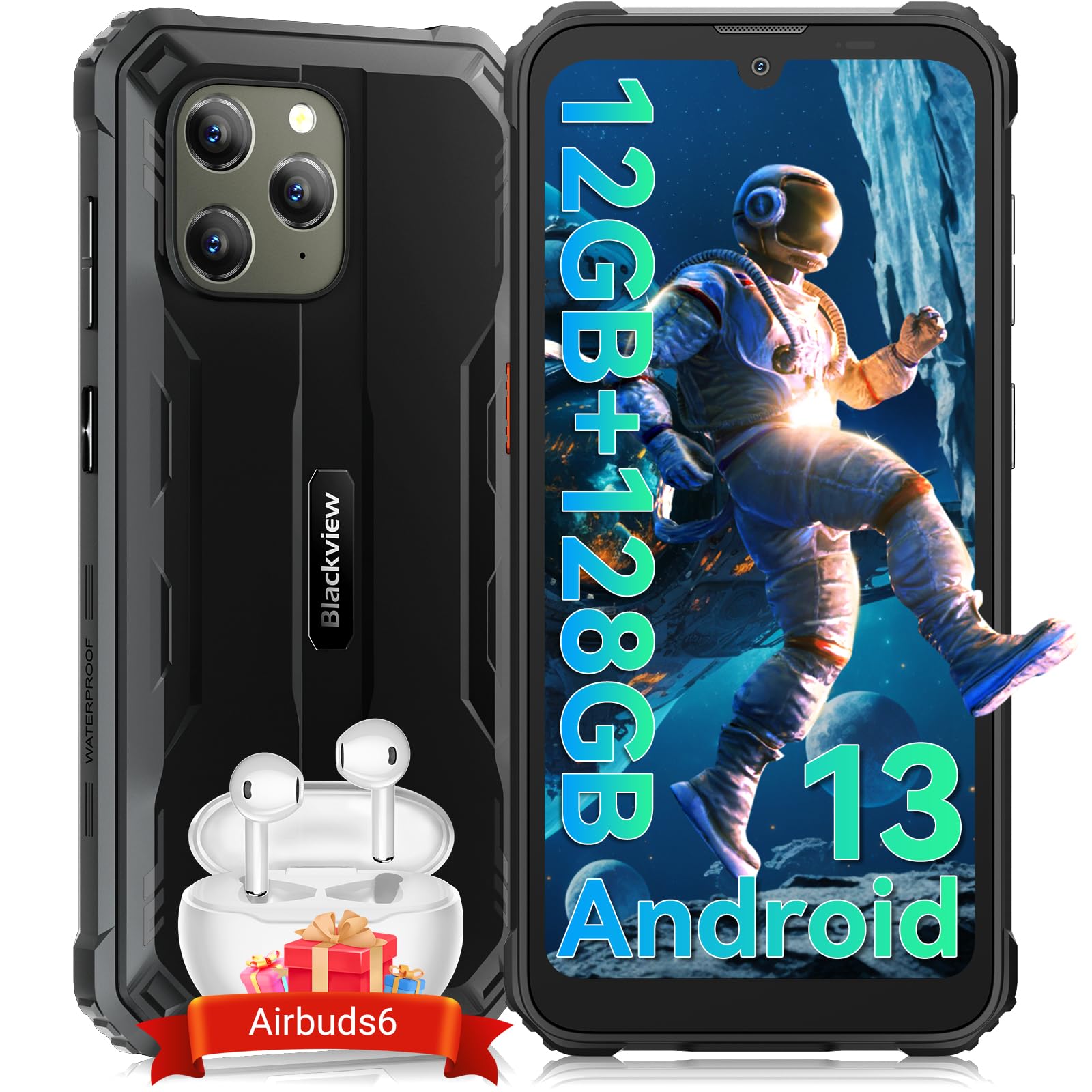 Blackview BV5300 Plus Rugged Smartphone 2024 with Headphones, Android 13+DokeOS 4.0 Rugged Phone,12GB+128GB/2TB Expand Mobile Phones, 6580mAh, 6,1" HD+, 13MP+5MP, IP68 Waterproof Phone NFC/OTG-Black