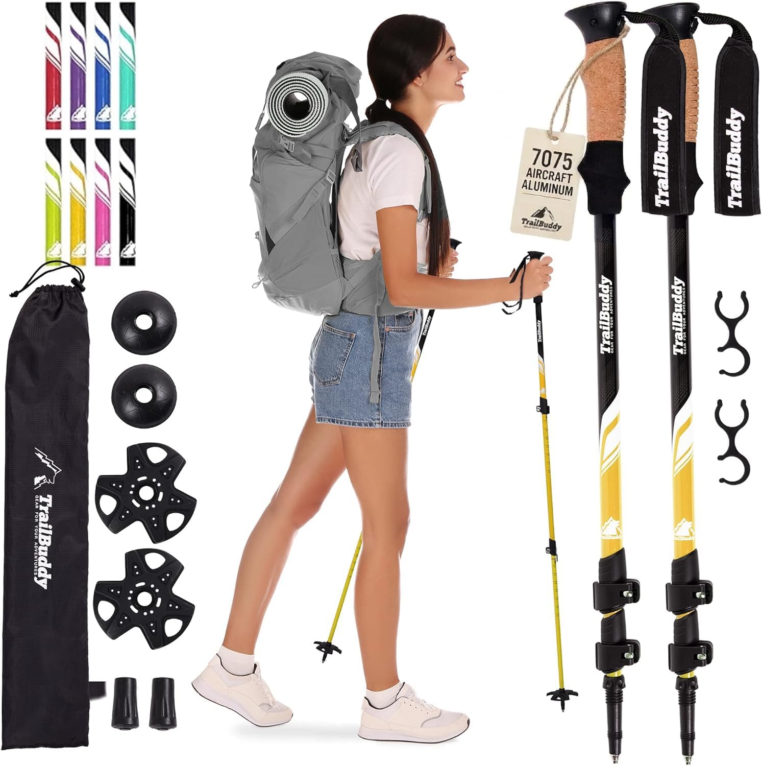 TrailBuddy Trekking Poles - Lightweight, Collapsible Hiking Poles for Backpacking Gear - Pair of 2 Walking Sticks for Hiking, 7075 Aluminum with Cork Grip