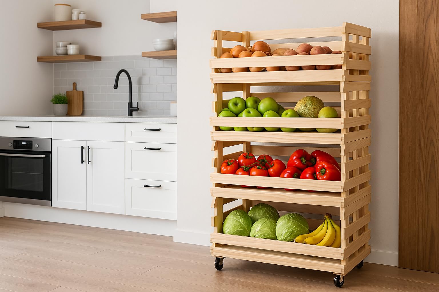 Scaffale per frutta Bernd XXL con 4 cassette impilabili, in legno di conifere, 115 x 58 x 40 cm