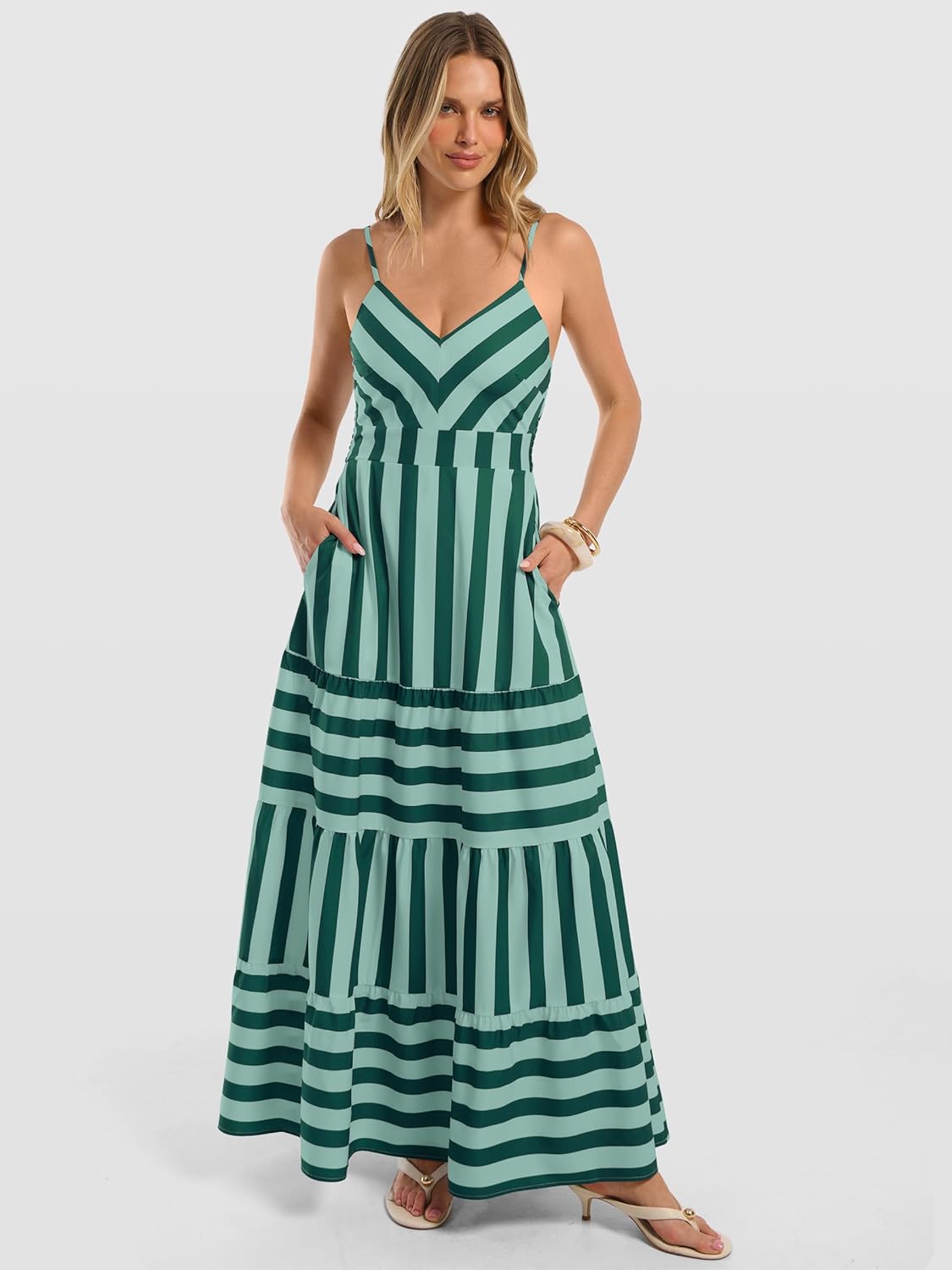 Caracilia Summer Maxi Dresses for Women Spaghetti Strap Back Smocked A Line V Neck Casual Long Dress Beach Vacation Clothes - Image 4