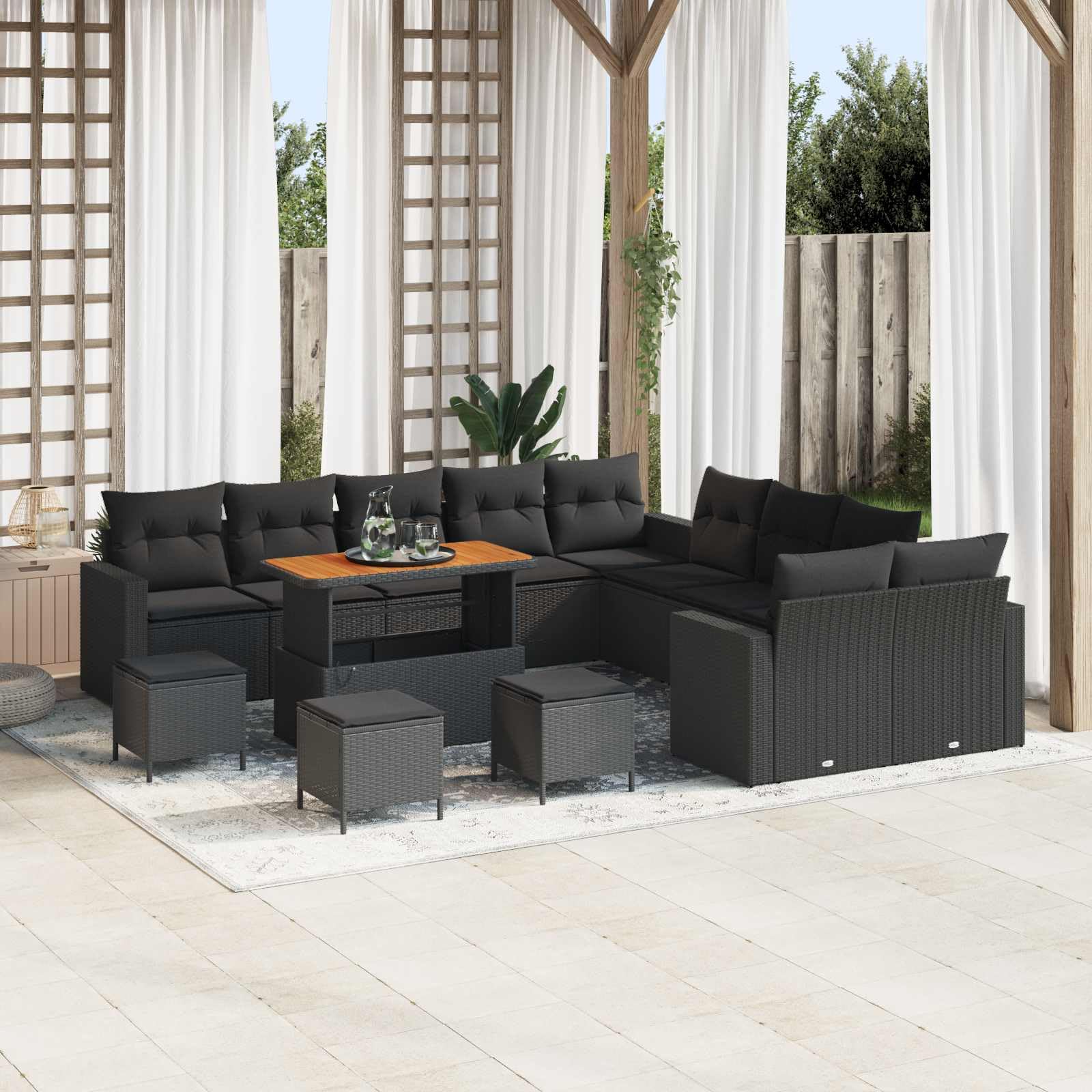 Juego de 18 sofás de jardín de polirratán, color negro, modular, para terraza y balcón, resistente a los rayos UV, con madera de acacia y extraíble