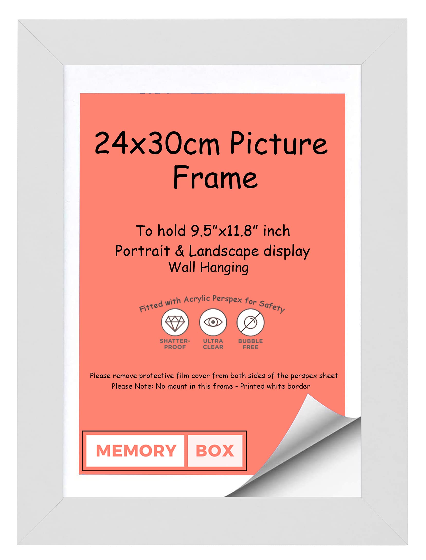 Memory Box Wrapped MDF Picture/Photo/Poster frame with Real Glass - Moulding 30mm Wide and 15mm Deep - (24 x 30cm) White 9.5" x 11.8"