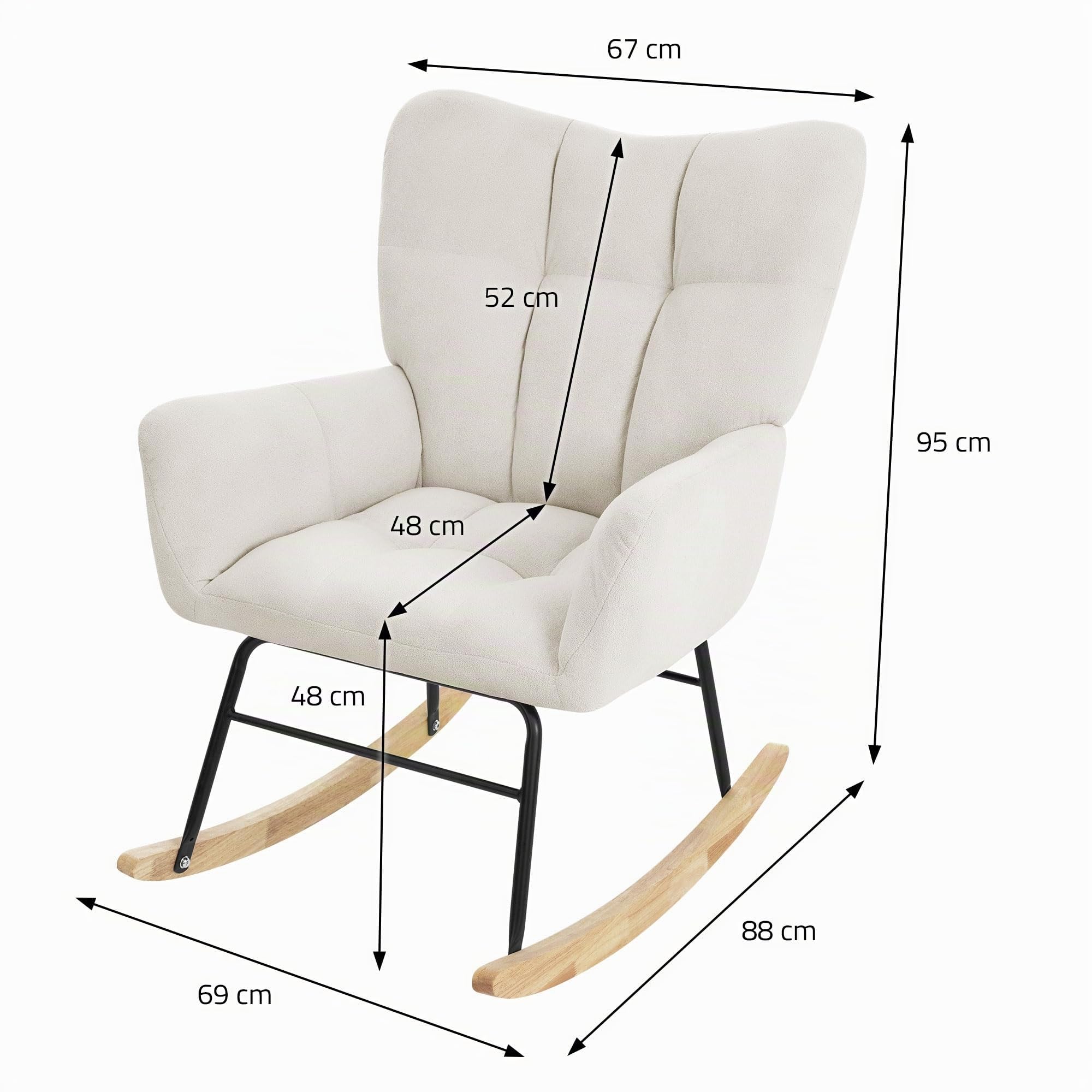 ML-Design Poltrona a Dondolo per Salotto Sedia Confortevole Beige Imbottita Poltroncina da Soggiorno con Braccioli e Schienale Alto Rilassante Base in Legno Massiccio Arredamento Casa