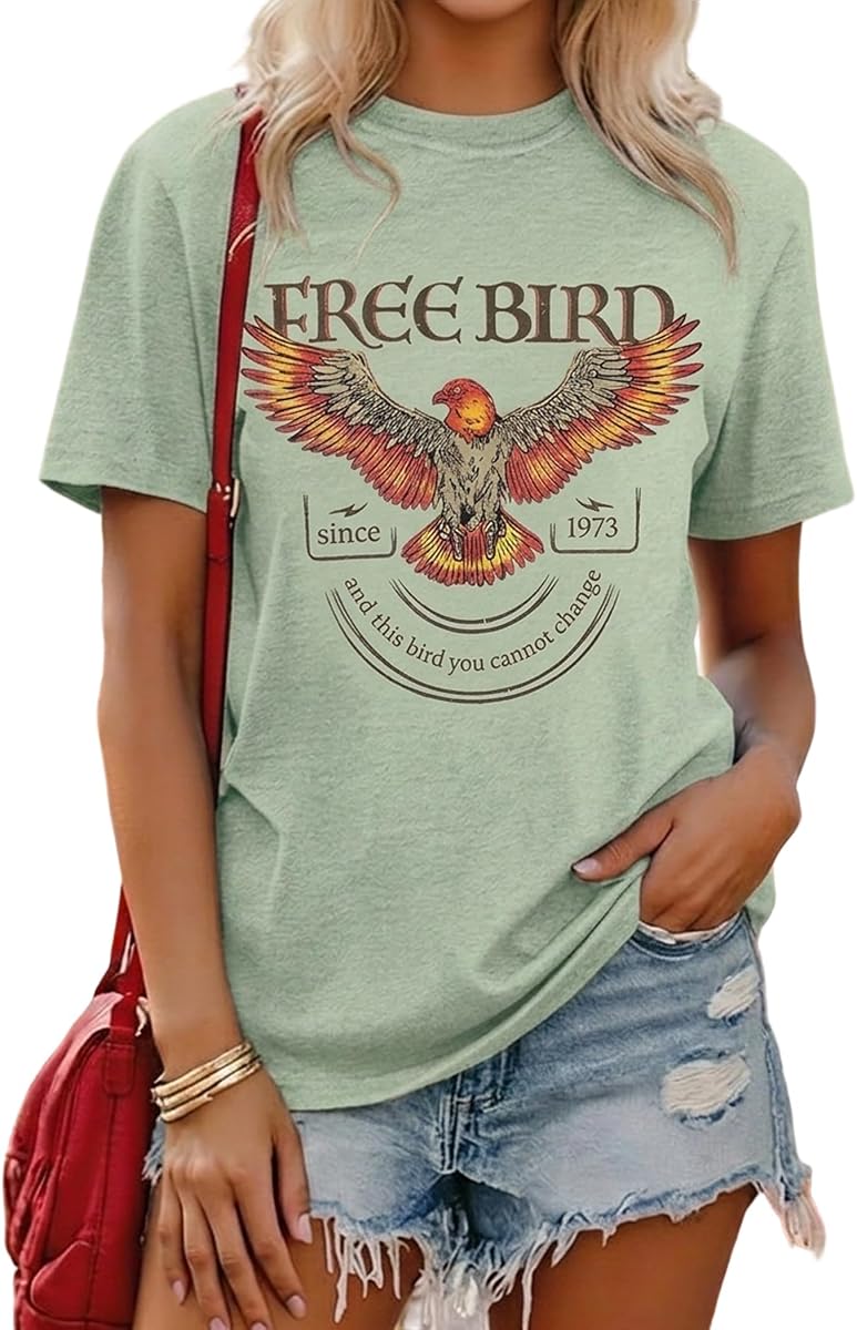 LETSEE Camisas de manga corta para mujer Free Bird Vintage Rock Graphic Tees Casual cuello redondo Tops Summer Rock Tee