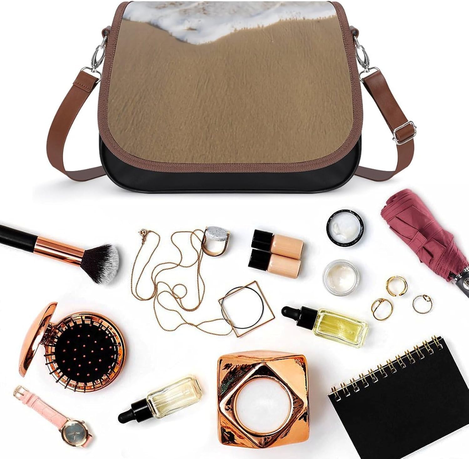 Ocean Whitewash on BeachWomen's Faux Leather Crossbody Bag, Waterproof Wrinkle-Resistant Shoulder Bag with Detachable Strap, Large Capacity Casual Handbag, Fashion Daily Purse for Shopping Work Dating