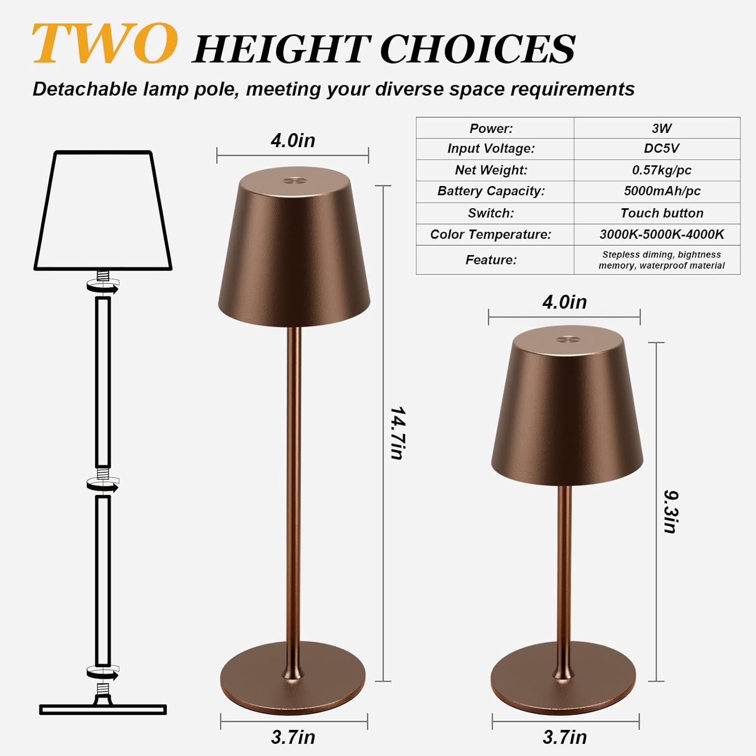 Cordless Table Lamp Rechargeable Brown - KK 2 Pack 5000mAH Battery Operated Lamp for Counter, 3 Color Stepless Dimming Wireless Lamp for Dining Table, Kitchen Counter, Outdoor Patio, Touch Control