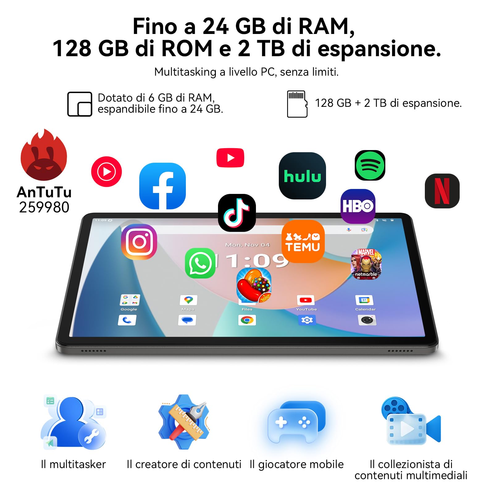 TABWEE Tablet 11 Pollici Android 16, 24 GB RAM, 128 GB ROM | Widevine L1, Display 90 Hz, espandibile 2 TB, CPU 1,8 GHz, batteria 8000 mAh, Wi-Fi 5 e 2,4 GHz, per studenti e adulti