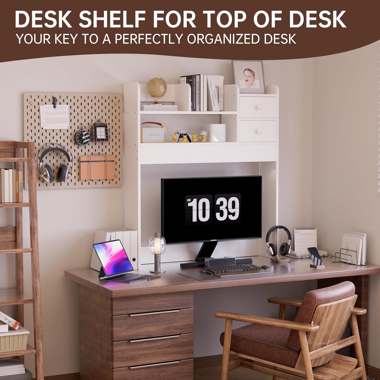 YGYQZ 2 Tier Desktop Bookshelf, Countertop Storage Hutch for Computer Desk, Desk Organizer Shelf with Vertical Storage, Multi-Functional Wood Desk Hutch for Home Office & Dorm, White