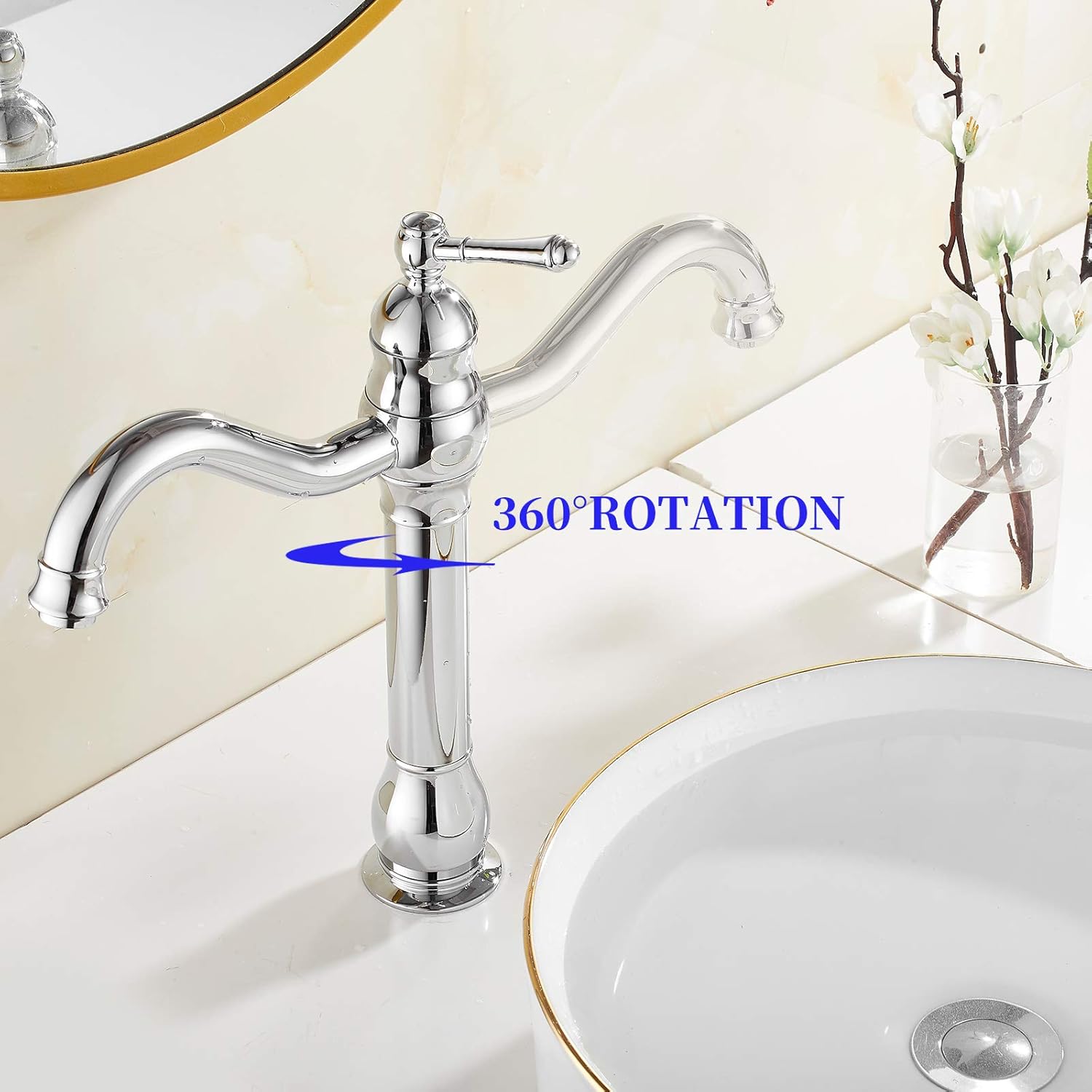 Bathroom Vessel Sink Faucet Tall Chrome 360° Swivel Single Handle with Pop Up Drain Assembly Without Overflow Lavatory One Hole Lever Bowl Sink Faucet Baisn Mixer Tap Commercial