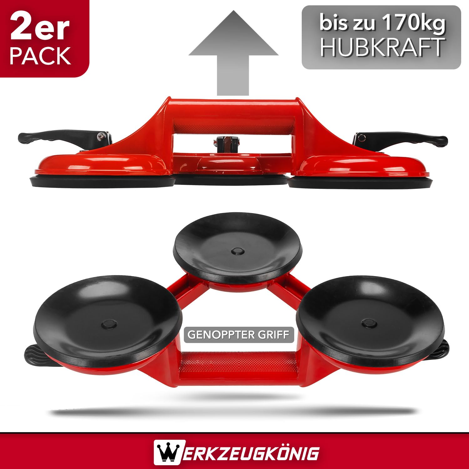 Aspiratore per vetro, 3 ventose, 170 kg, set da 2 pezzi