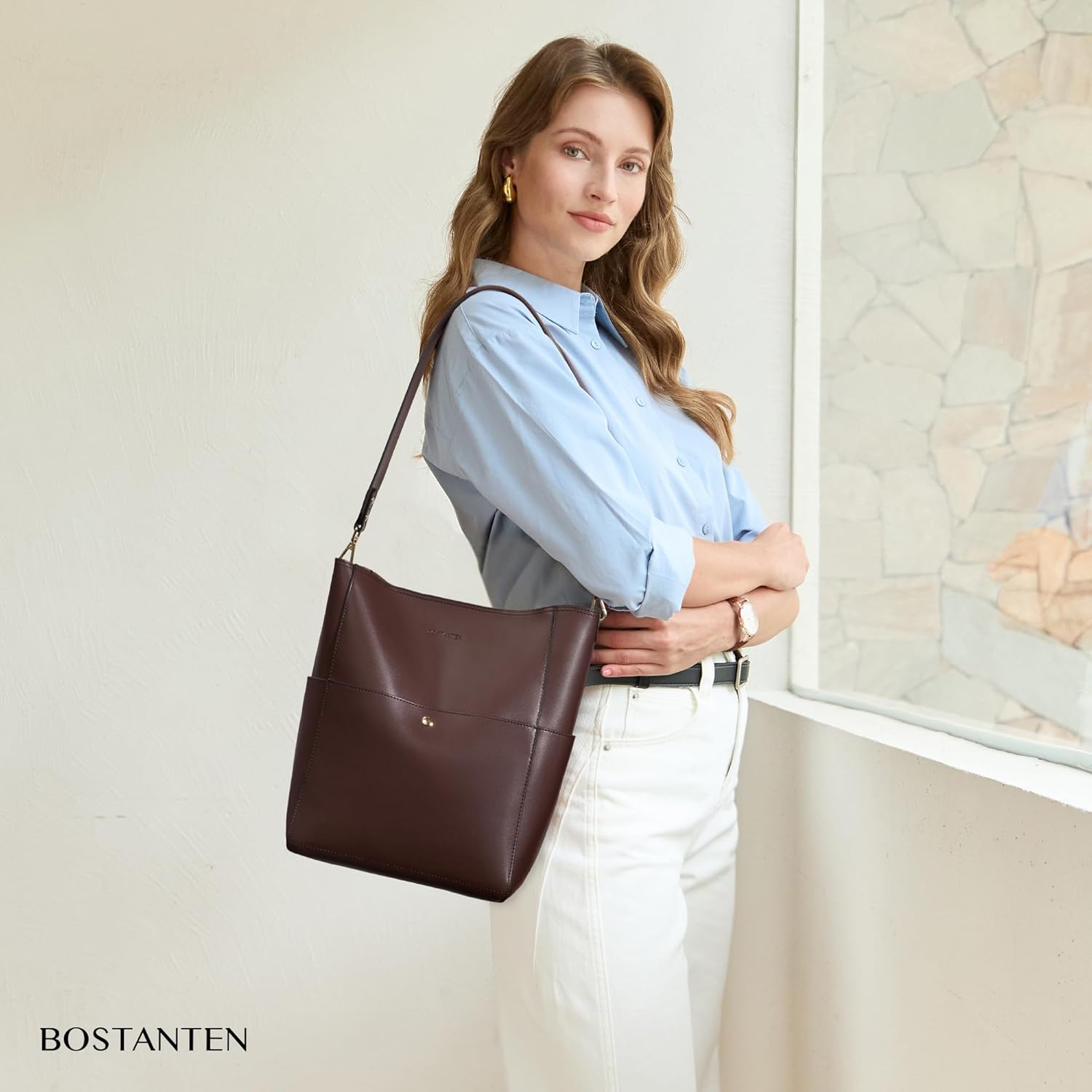 BOSTANTEN Women's Leather Designer Handbags Tote Purses Shoulder Bucket Bags - Image 2