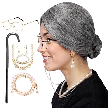 Honcloud Old Lady Wig Set Gray Cosplay Wig with Bun and Granny Crutch Glass Eyeglass Chain Necklace Earrings and Pearls Bracelet for Halloween