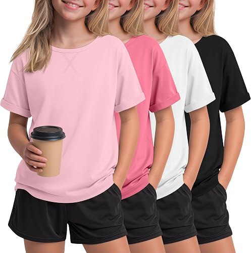 Oakgarden 4 Pack Girls Short Sleeve T Shirts Kids Casual Loose Tops Rolled Cuff 