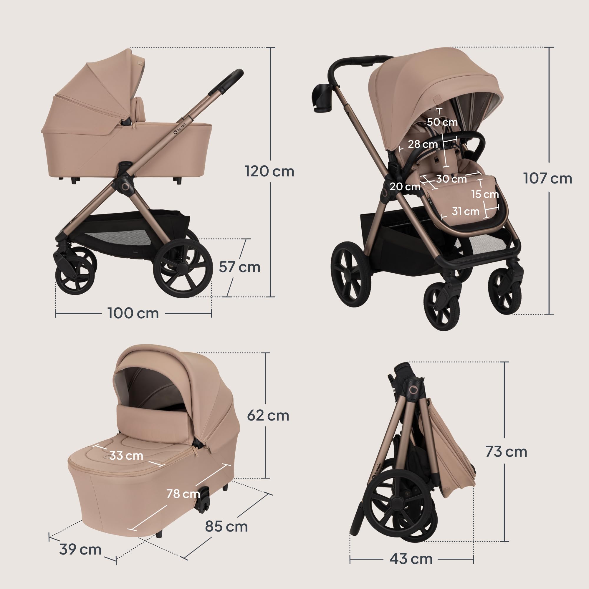 LIONELO Carmine Wózek dziecięcy 2 w 1, wózek dziecięcy kombi od urodzenia do 4 lat, do 22 kg, gondola dla niemowląt i wózek spacerowy, koła GravelTech, zawieszenie, osłona UPF50+, wentylacja