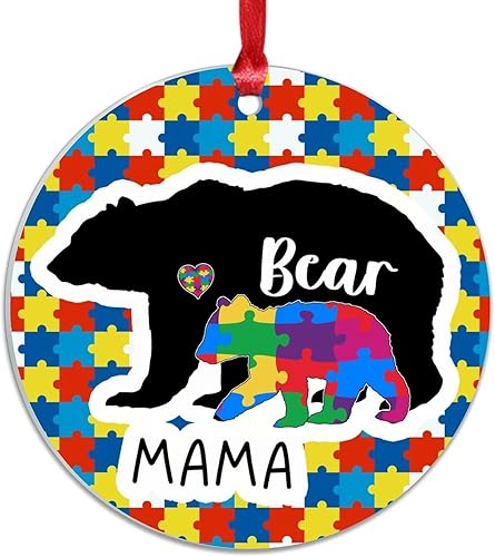 Miniatura 8 de Christmas Ornament Mama Bear Acrylic Christmas Ornaments Keepsake Mama Bear Autism Colorful Puzzle Bear Christmas Hanging Ornament Autism Puzzle
