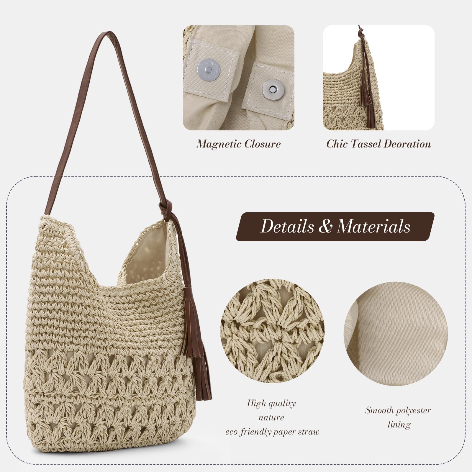 Femme Tissé en Paille Sac à Bandoulière Plage d'été Sac Fourre-tout Fait Main Au Crochet Sac Hobo Pour les Vacances