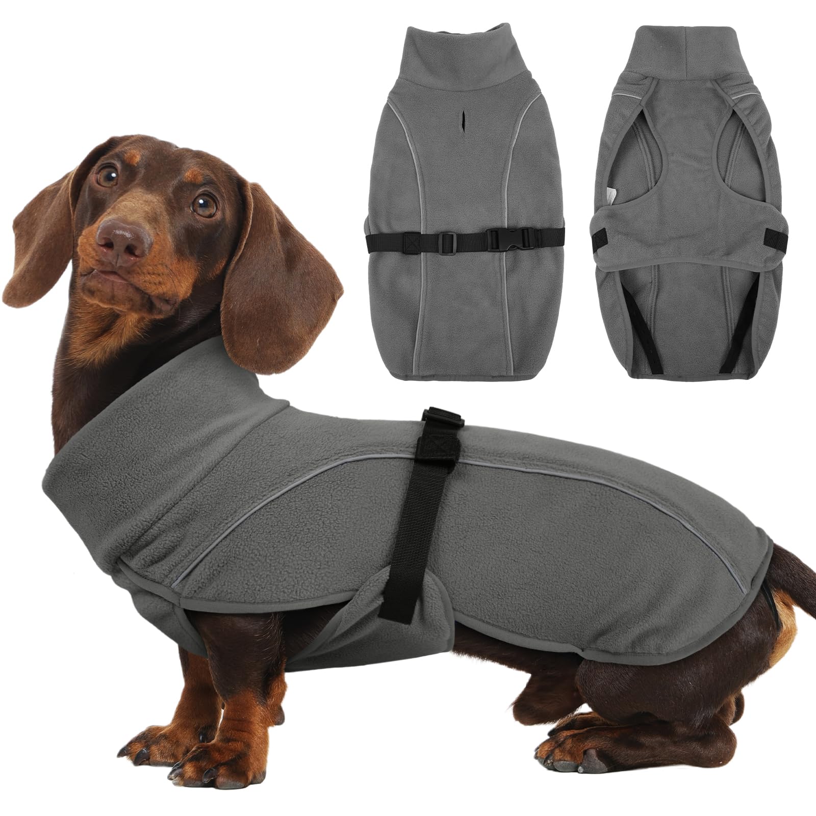 Hjyokuso Dachshund Coat, Extra Warm Dog Fleece Coats, Windproof Reflective Sausage Dog Coat, Comfortable Dachshund Jumper for Small Dogs Grey L