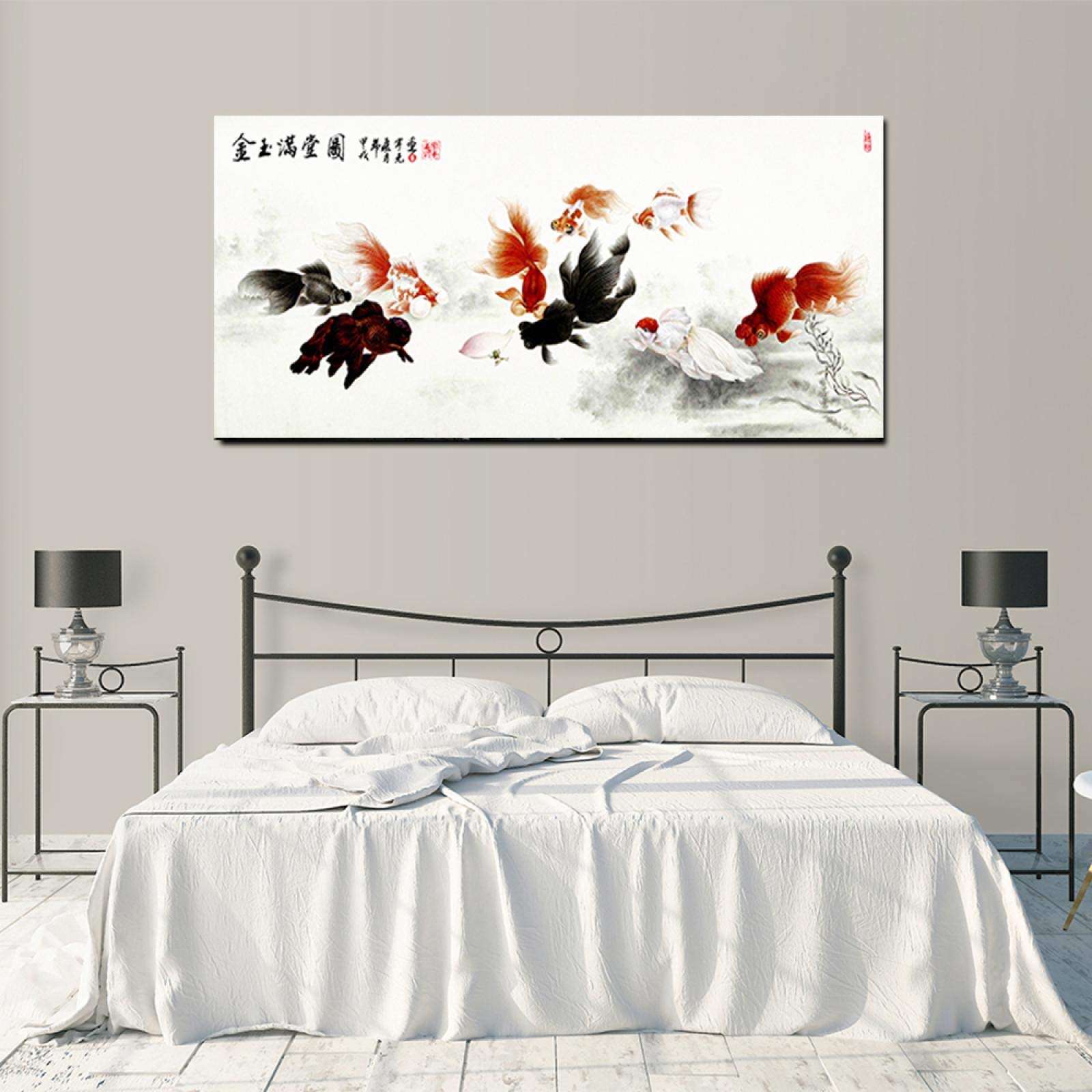 Tradycyjny chiński napis obraz dziewięć złota rybka sztuka ścienna plakat płótno dekoracja vintage do salonu mural 60 x 120 cm bez ramy