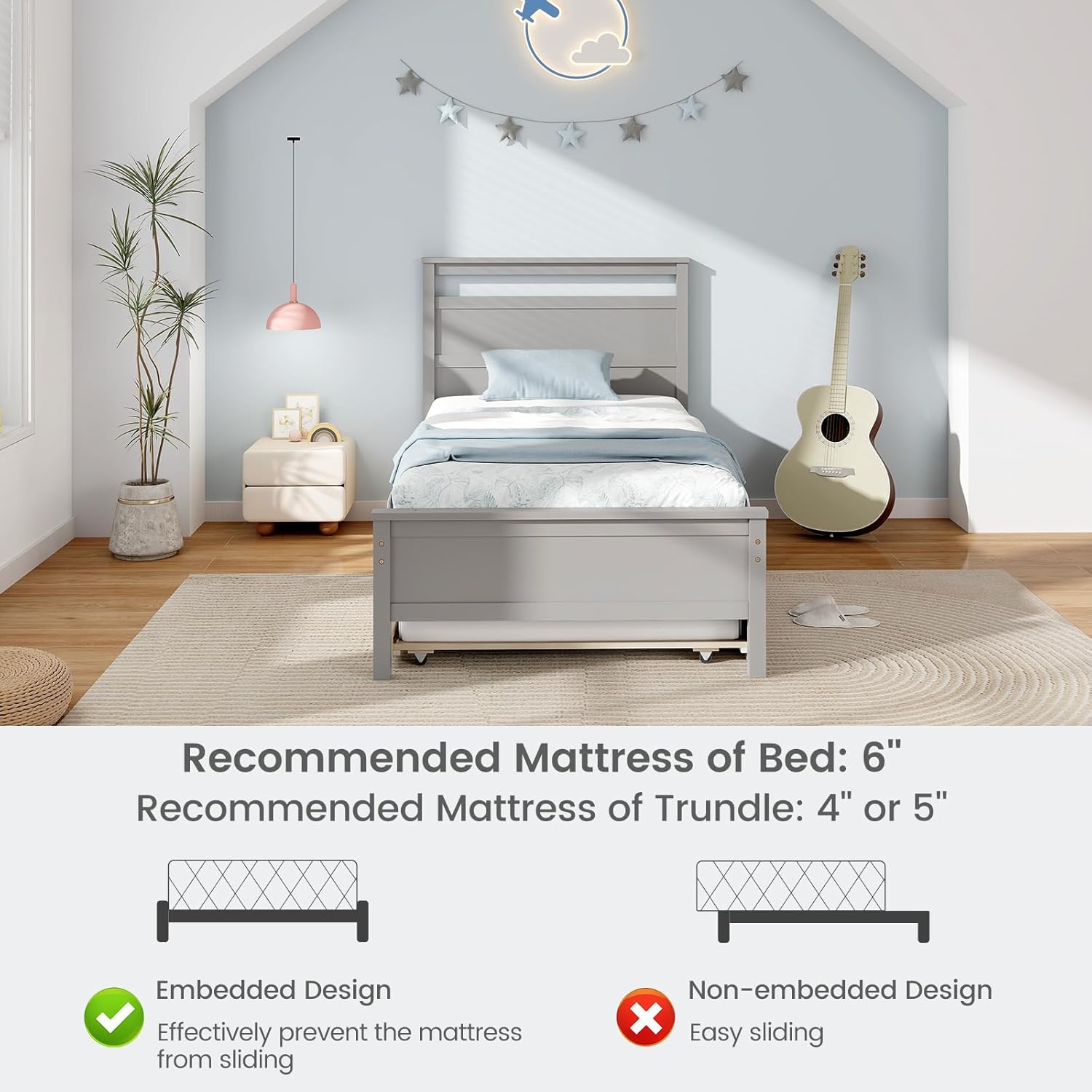 Giantex Trundle Bed Twin, Wood Day Bed Frame with Headboard & Footboard, Wooden Slats Support, Pull Out Bed, Twin Bed with Trundle for Kids Teens Adults, Grey