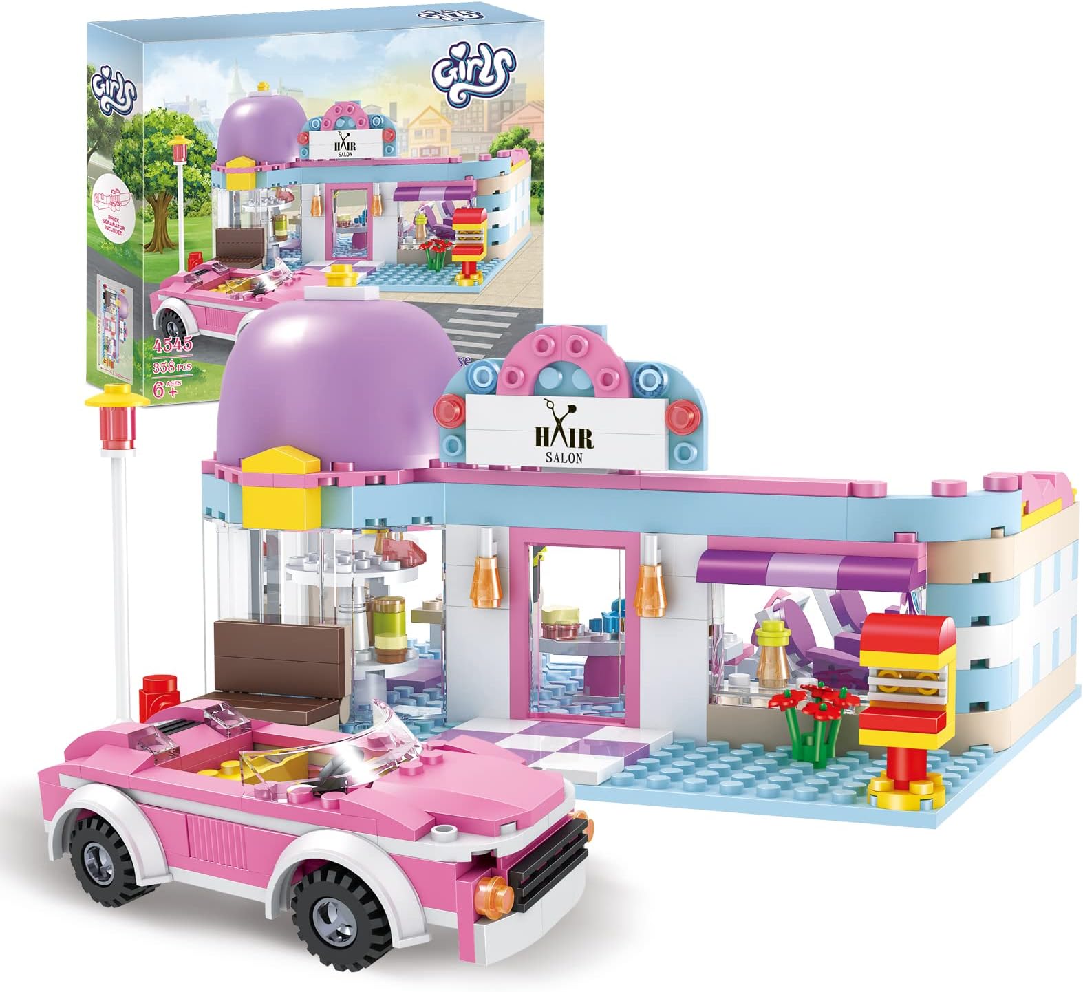 BRICK STORY Girls Friends Hair Salon Building Kit with 2 Mini People 5 Dolls Hair Pretend Play Set for Kids 358 Pieces with a Pink Convertible Car Gift Idea for Birthday for Girls Age 6-12 8-12