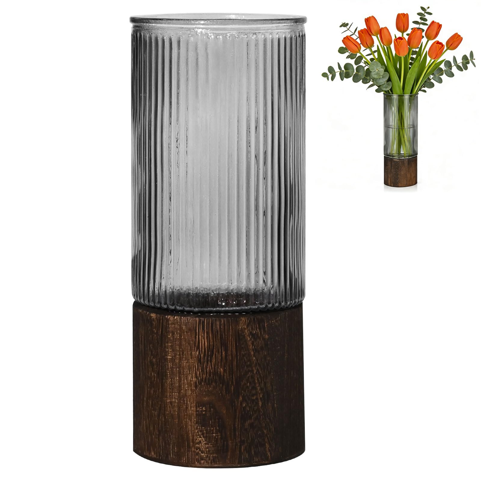 Jarrón de cristal tallado de alta calidad con soporte de madera noble
