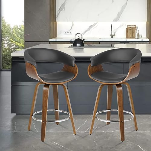 Miniatura 8 de Taburetes de bar giratorios con patas de madera de madera de nogal bentado, altura de barra de 28.7 pulgadas, taburetes de bar tapizados de piel