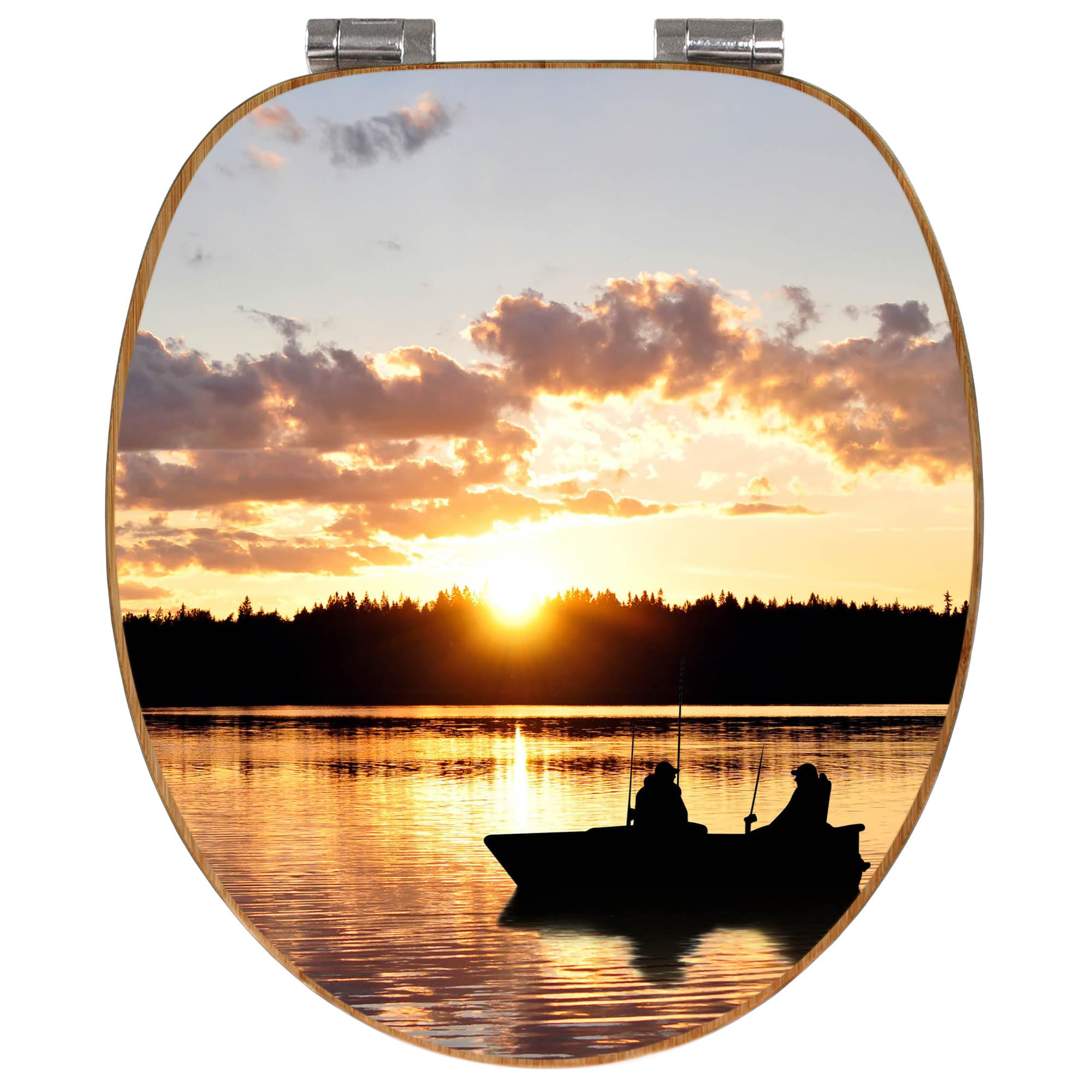 banjado Design WC Sitz Bambus Absenkautomatik 45,8x37,5cm - Toilettendeckel mit Absenkautomatik Holz - hochwertiger Bambus Klodeckel - WC-Sitz für gängigen Toiletten - Motiv Angler