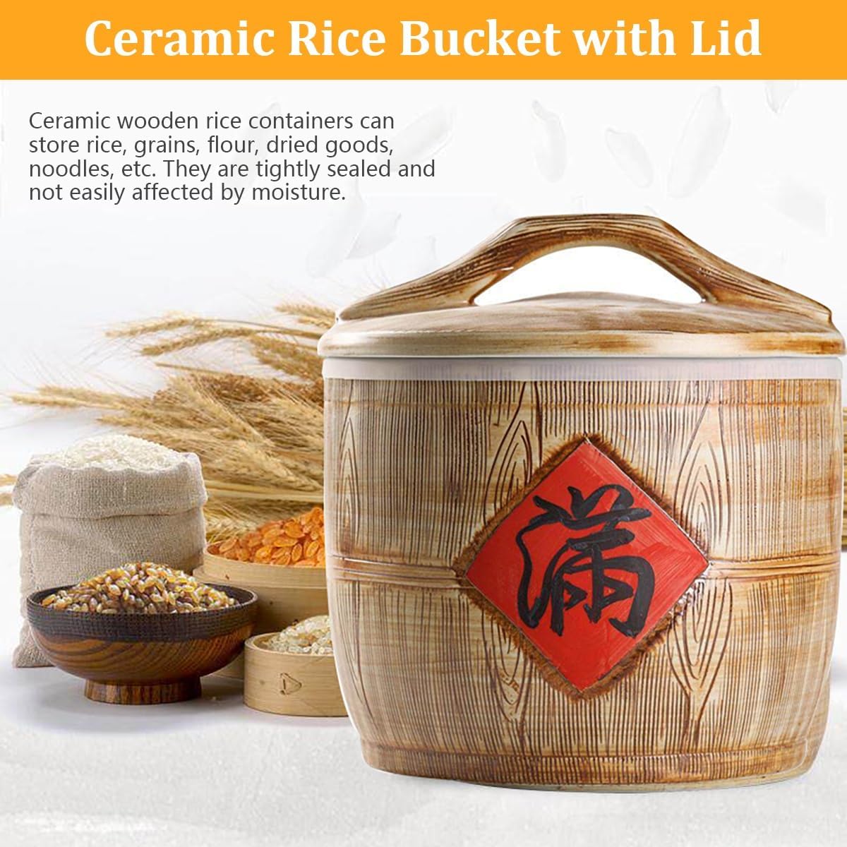 Ceramic Jar for Rice, Sealed Ceramic Rice Bucket with Lid, Household Airtight Storage Jars, Hand-carved Details, Grain Storage Bin for Coffee, Sugar, Tea(Brown-2,10kg)