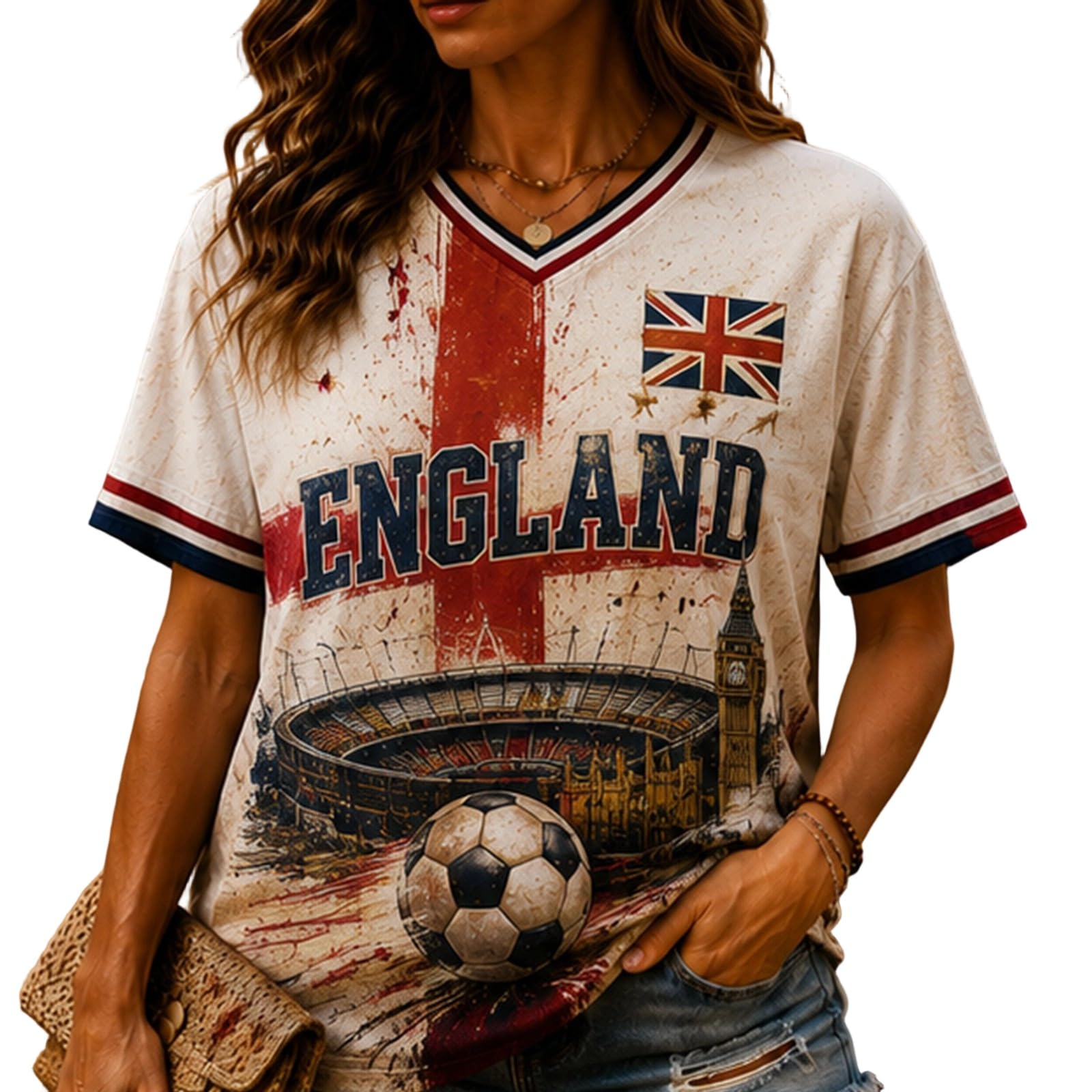 England Football Shirt World Cup 2026 Womens Casual V Neck Short Sleeve Tops Breathable Lightweight Print World Cup Football T Shirts 2026 Football Match Fan Support T-Shirts Red S