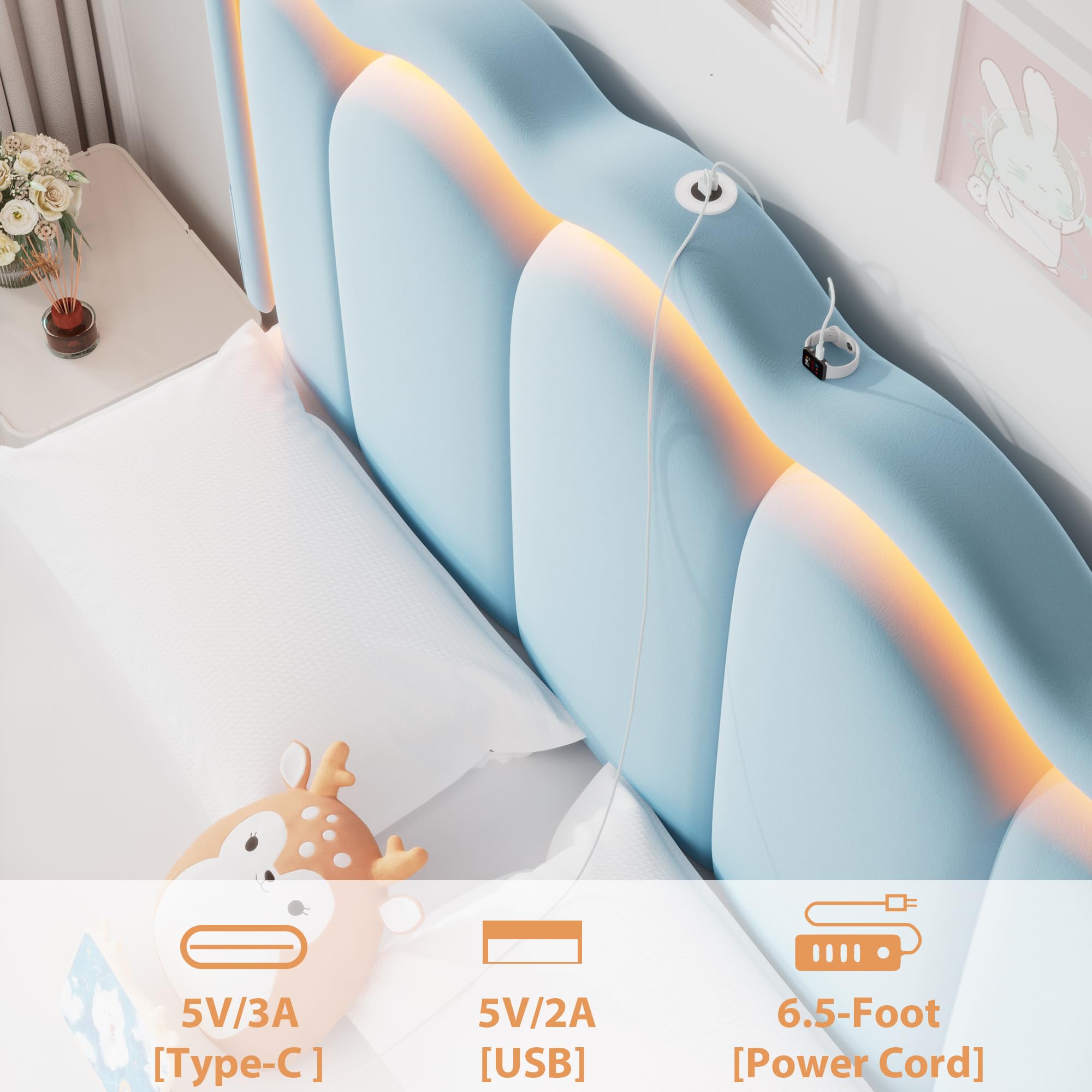 Queen Upholstered LED Bed Frame with 2 Storage Drawers and Adjustable Chic Double Wavy Headboard, Velvet Princess Platform Bed with Charing Station, Solid Wood Slats Support,No Box Spring Needed, Pink: Blue Full