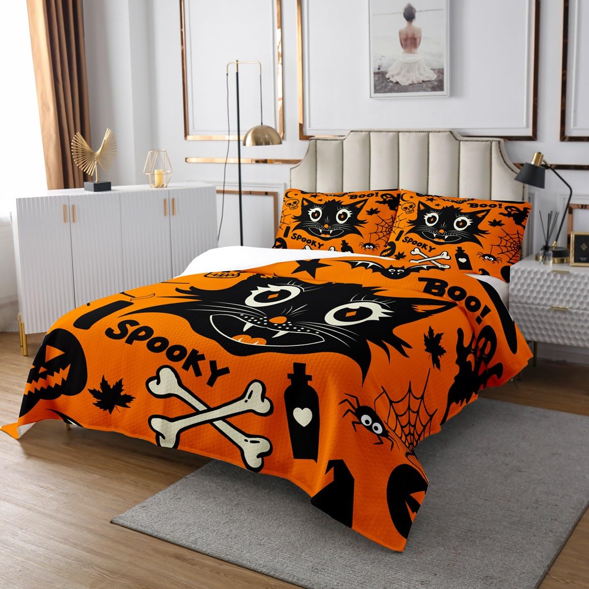 Watercolor Yellow Bedspread King,Cat Bat Pumpkin Lantern Quilted Coverlet 3pcs for Adults Teens Room Decor,Halloween Cartoon Cat Soft Breathable Bedding Quilt