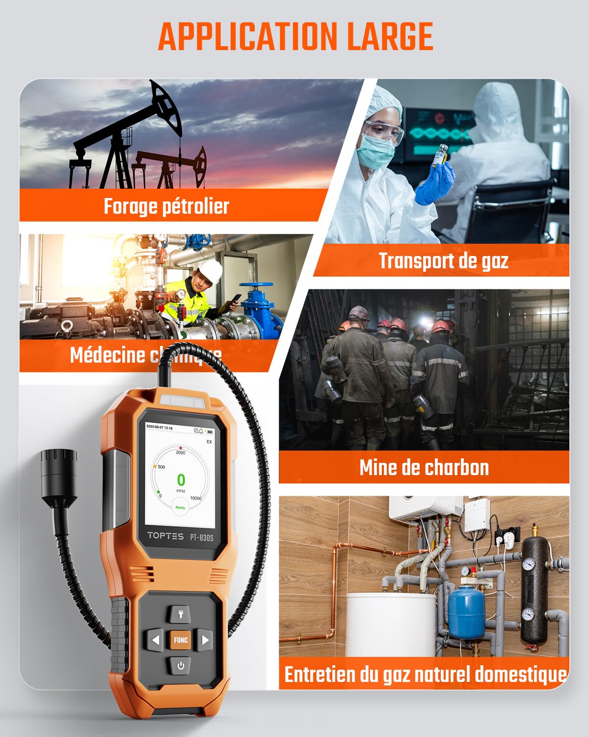 TopTes PT-830S Détecteur de Gaz Rechargeable avec Une Sonde de 36,8cm, Plage 0-10000 ppm, Écran Couleur TFT avec 3 Types d'Alarme, Détecteur de Fuite de Gaz pour Le Propane, Méthane, pour für Maison