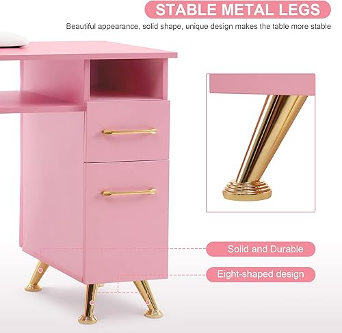 Miniatura 8 de BarberPub Mesa de manicura con cajones, escritorio de uñas resistente a la acetona, equipo de almacenamiento de salón de spa 2671 (rosa)