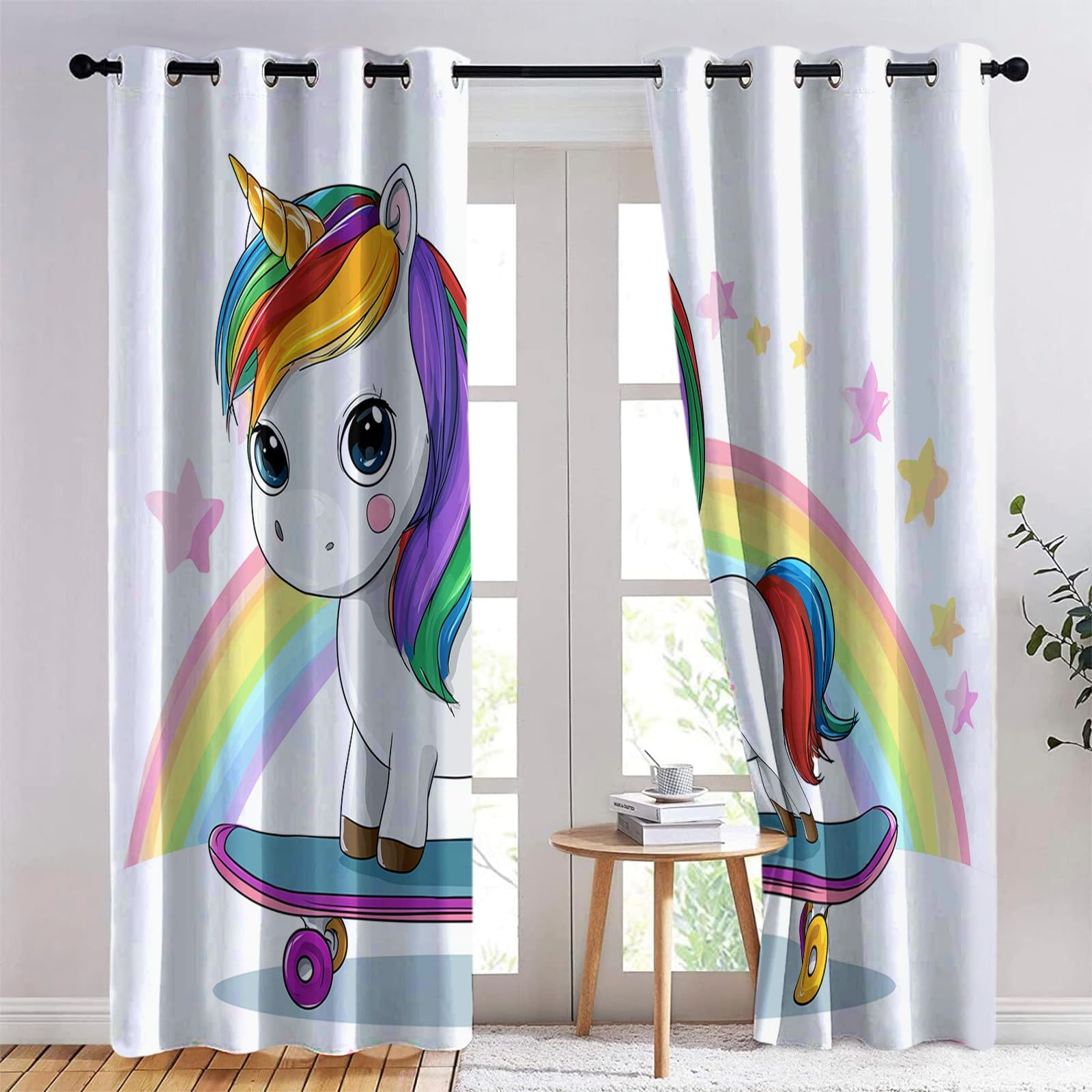 Termiczne zasłony zaciemniające 140 x 245 cm kreskówka jednorożec skuter - zasłony do sypialni salonu, odporne na światło i hałas, izolowane na lato i zimę, 2 sztuki, kolor jasny