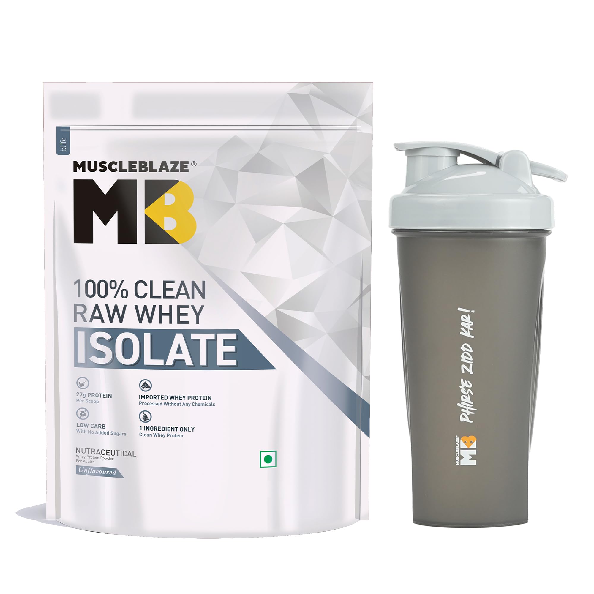 MuscleBlaze Raw Whey Isolate 90% with Digestive Enzymes, Unflavoured, 1 kg / 2.2 lb) with Shaker, 650 ml (Combo Pack)