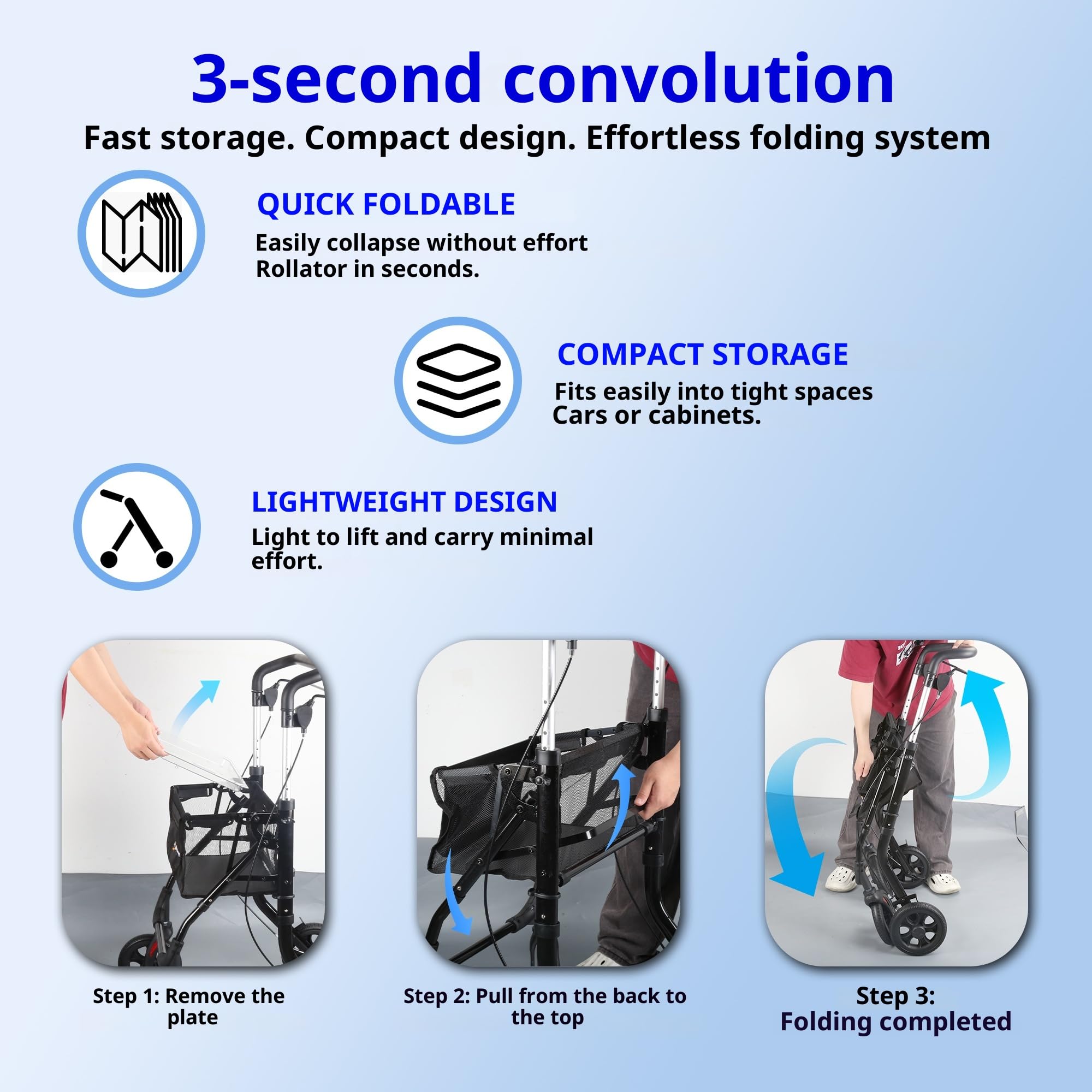 Andador compacto para interior, plegable y ligero con bandeja, auxiliar de movilidad para adultos mayores en aluminio, con cesta, maniobrable para hogar
