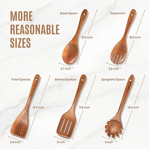 Miniatura 5 de MULBOM Juego de 5 cucharas de madera para cocinar, utensilios de cocina de teca natural, superficie antiadherente lisa, juego de utensilios de