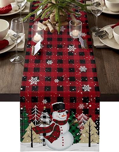 Muñeco de nieve de invierno con árbol de Navidad a cuadros, copos de nieve dorados en retro beige, bufandas de cocina, comedor, caminos de mesa para