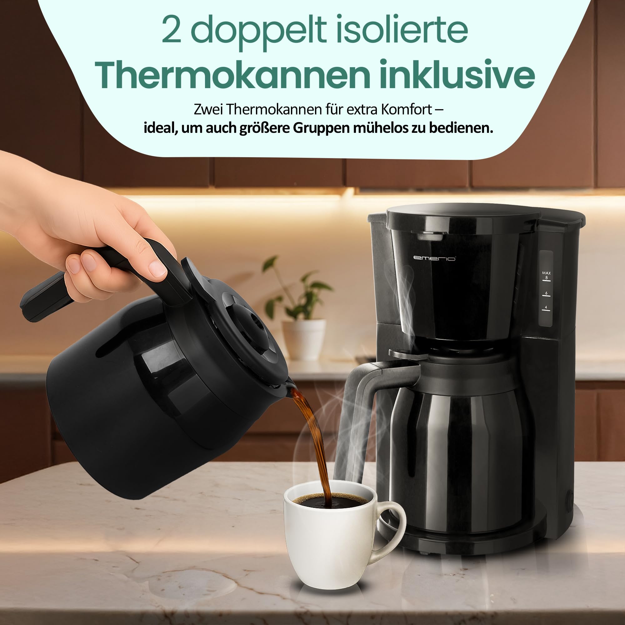 Emerio Cafetera de filtro con 2 jarras térmicas, 900W, hasta 8 tazas en una sola pasada, filtro giratorio 1x4 con sistema antigoteo, incluye filtro permanente, apagado automático, piezas de plástico