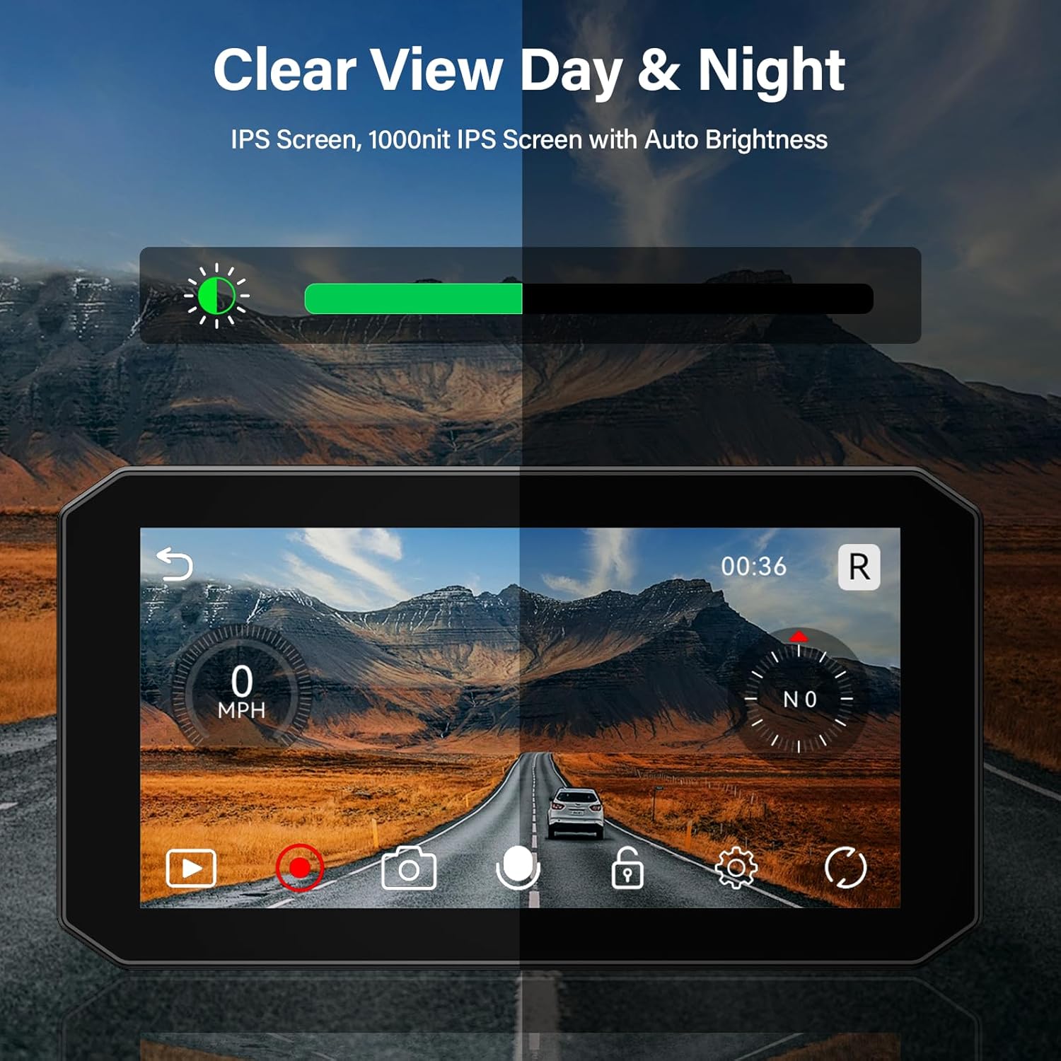 Split image showing the display's auto-brightness feature, with one side bright for daytime and the other dimmed for nighttime.