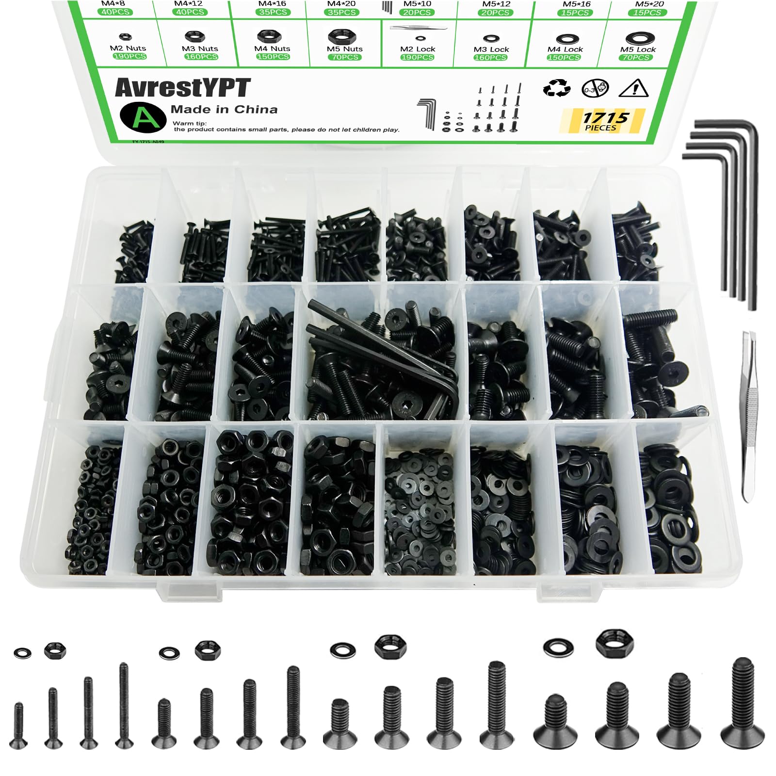 Photo 1 of 1715Pcs M2 M3 M4 M5 Screw Kit - 3D Printer Mini Screw, Allen Head/Flat Head/Countersunk Bolt/Screws, Metric Bolts Assortment, Black Nuts and Bolts for Mechanical Hardware